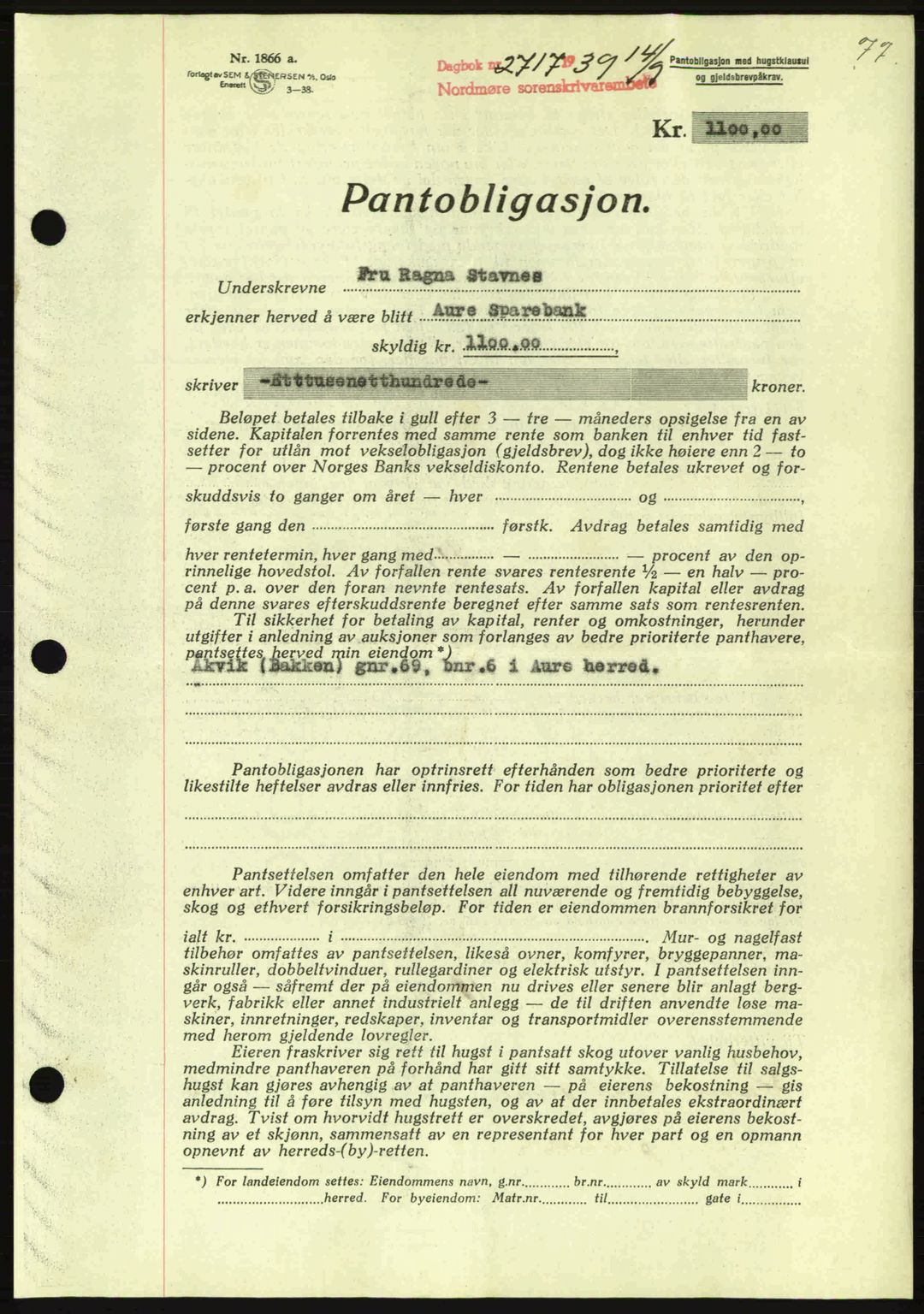 Nordmøre sorenskriveri, AV/SAT-A-4132/1/2/2Ca: Pantebok nr. B86, 1939-1940, Dagboknr: 2717/1939