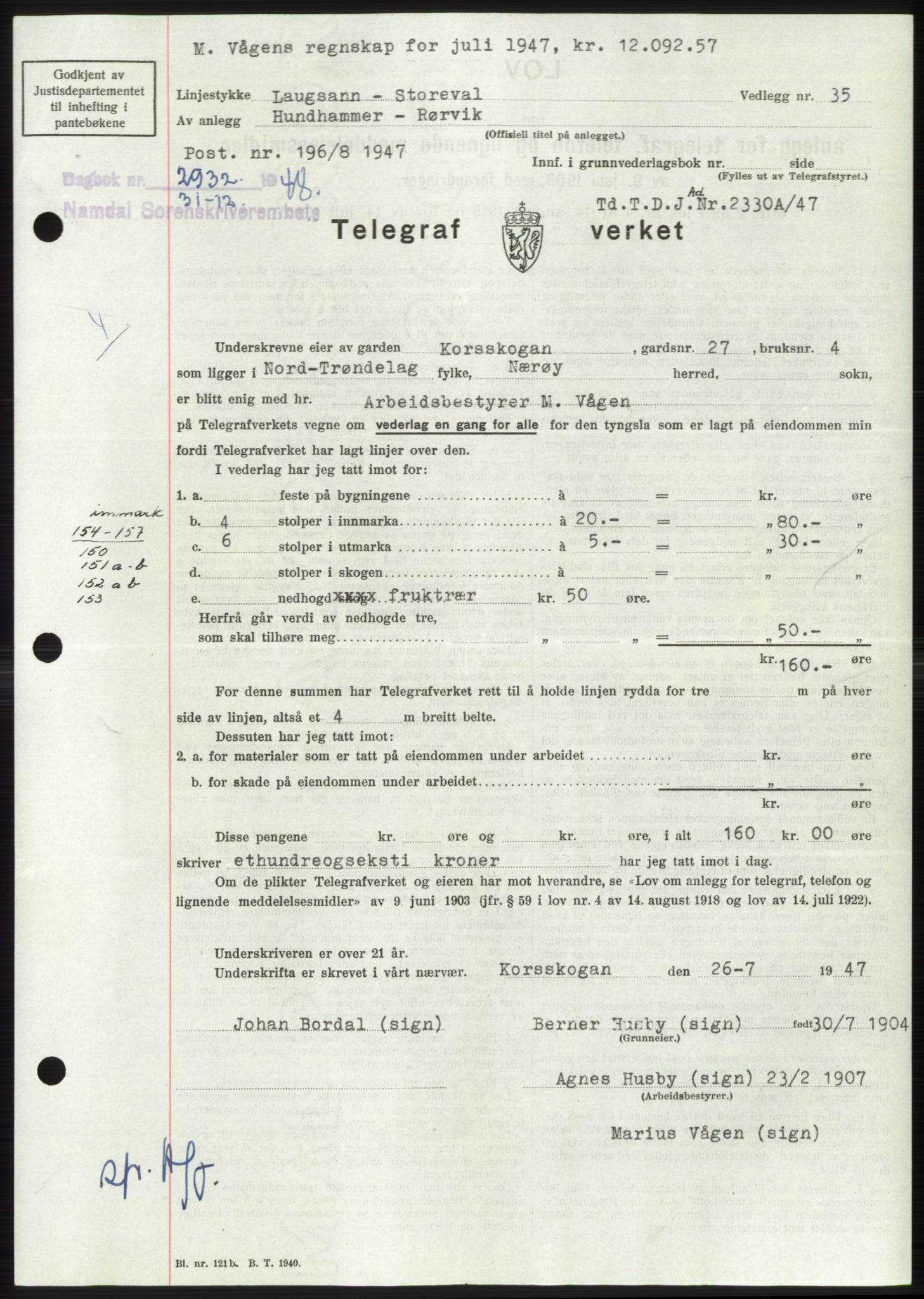 Namdal sorenskriveri, SAT/A-4133/1/2/2C: Pantebok nr. -, 1948-1948, Dagboknr: 2932/1948