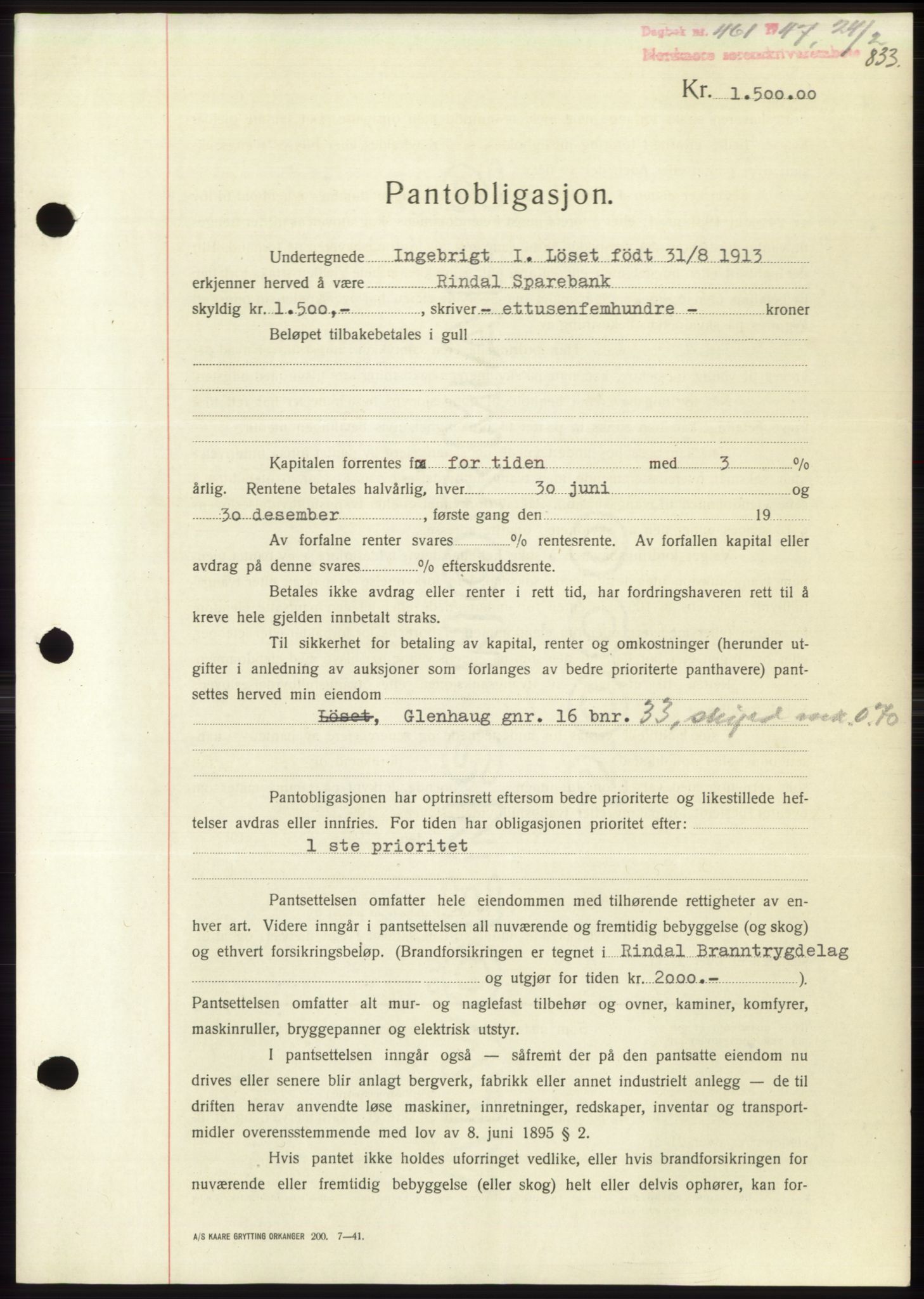 Nordmøre sorenskriveri, SAT/A-4132/1/2/2Ca: Pantebok nr. B95, 1946-1947, Dagboknr: 461/1947