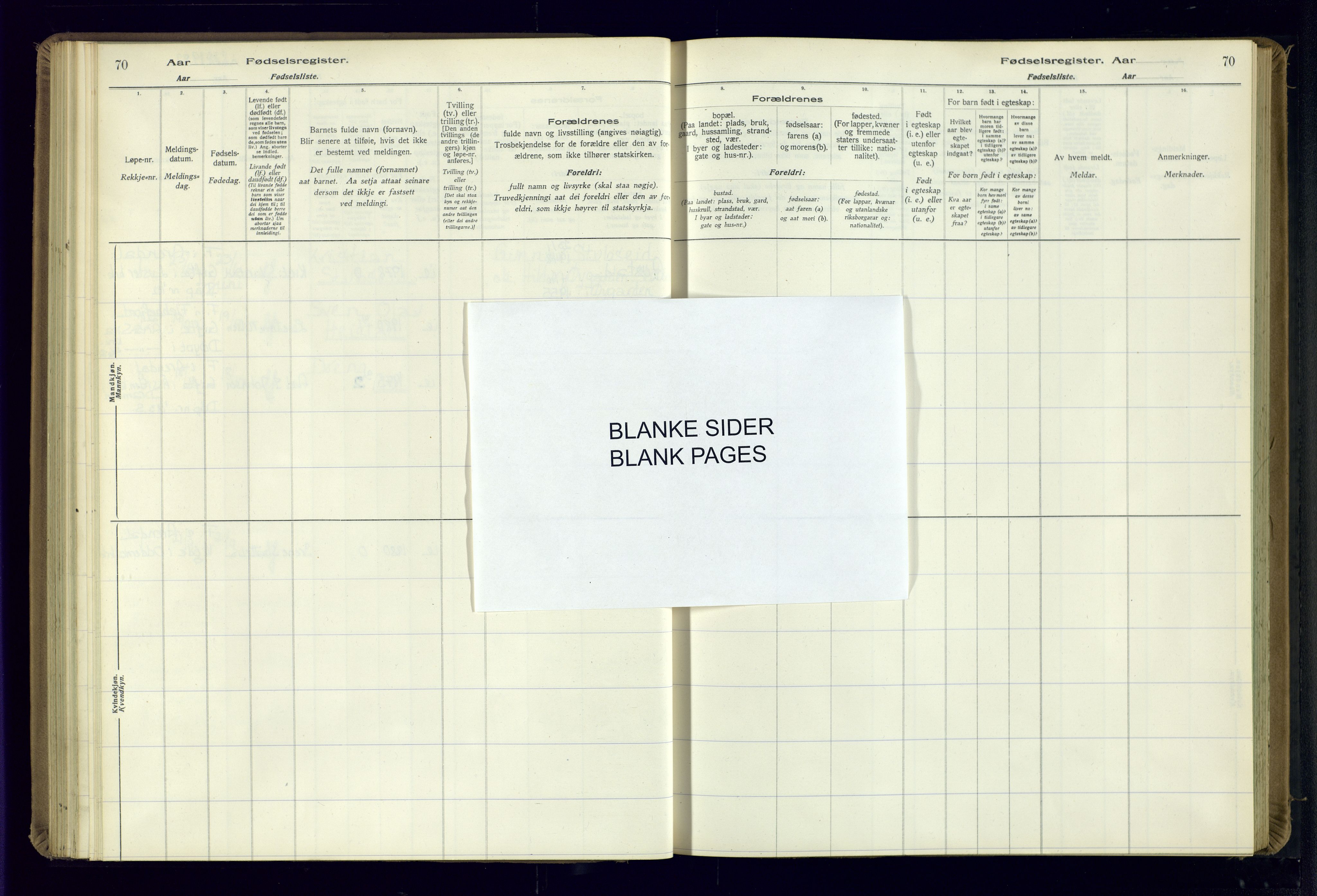 Bygland sokneprestkontor, AV/SAK-1111-0006/J/Ja/L0002: Fødselsregister nr. II.4.3, 1916-1982, s. 70