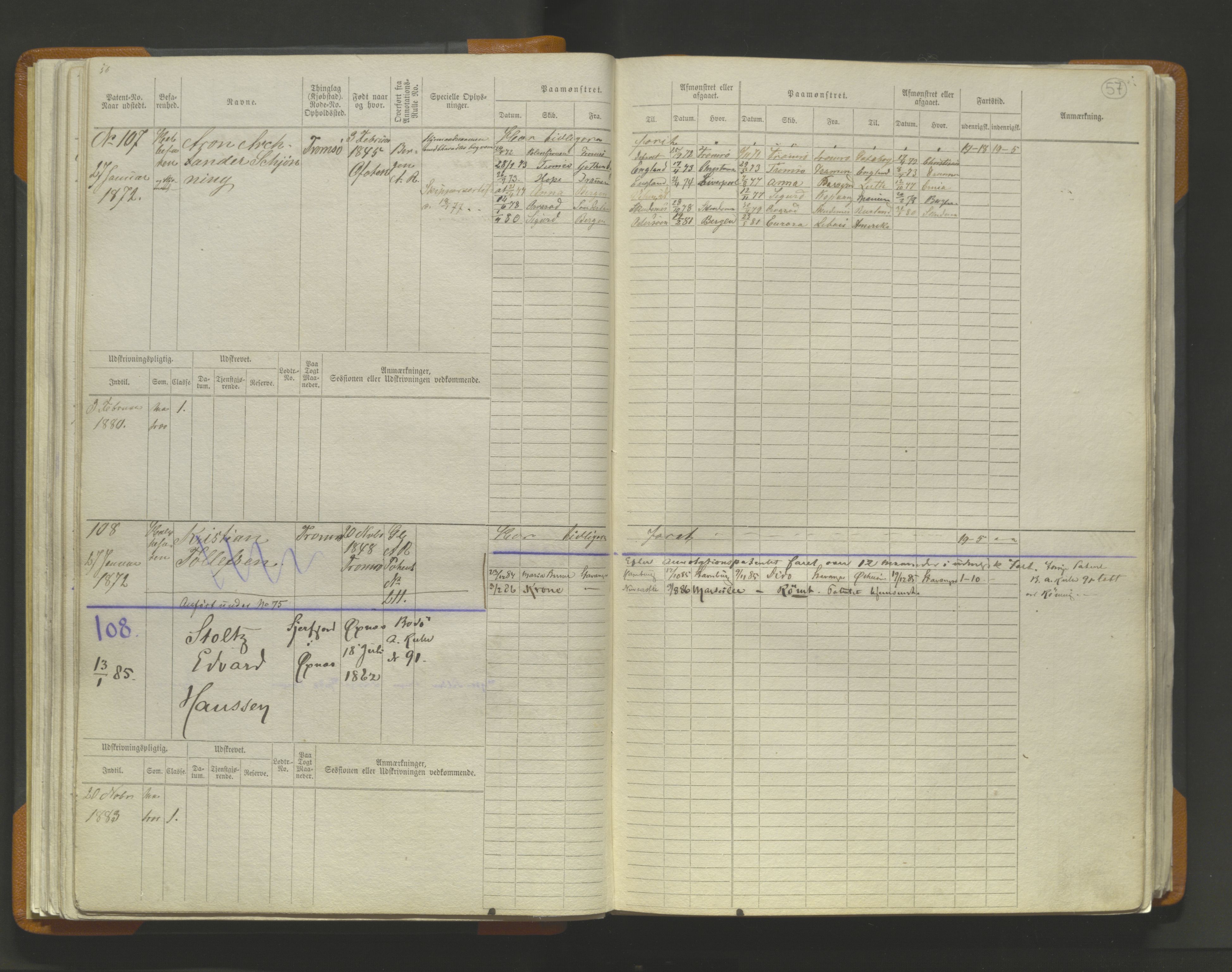 Tromsø sjømannskontor/innrullerings-/mønstringsdistrikt, AV/SATØ-S-0243/F/Fb/L0014: Sjøfartsrulle (hovedrulle). Nr. 1-620, 1868-1906, s. 57
