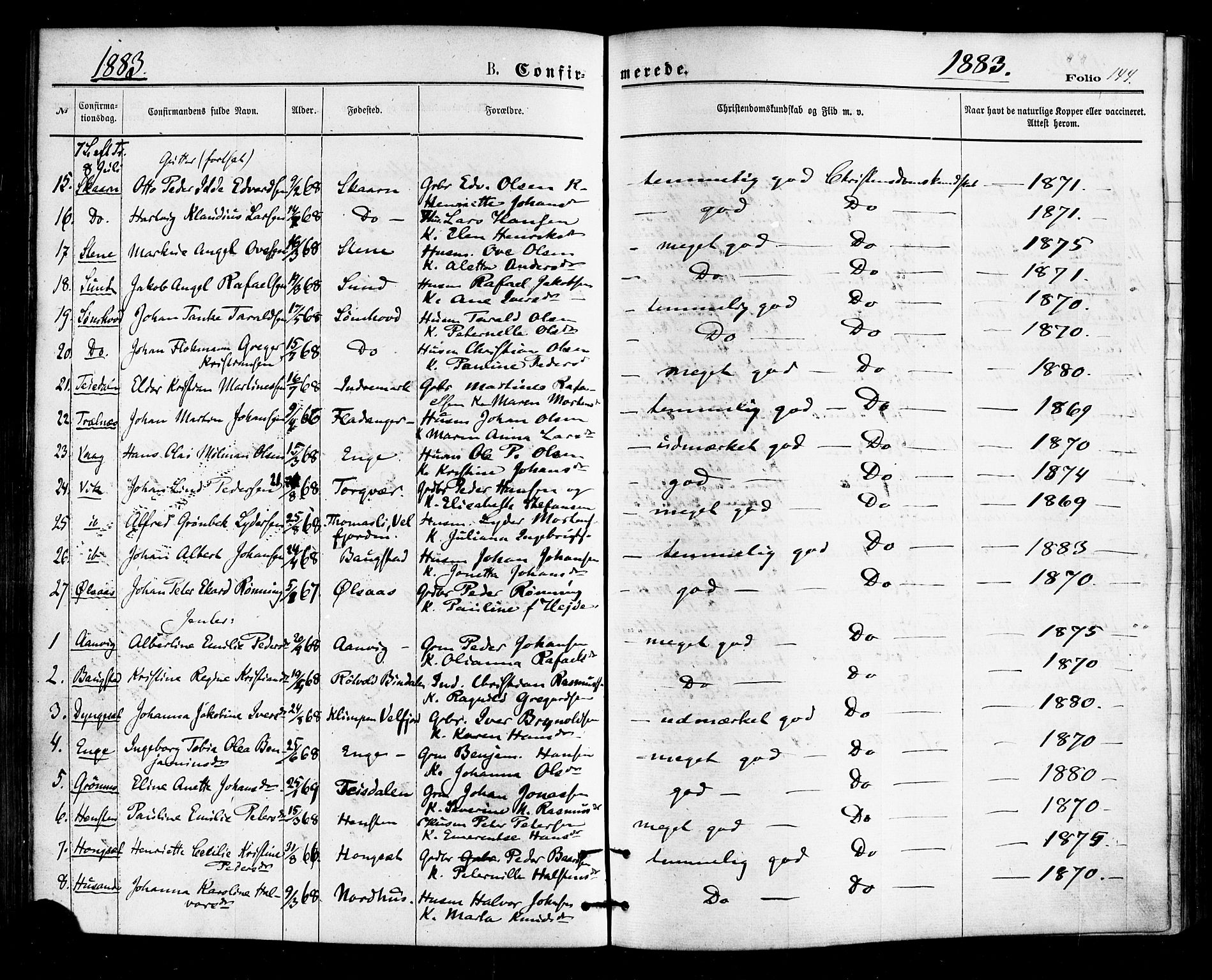 Ministerialprotokoller, klokkerbøker og fødselsregistre - Nordland, AV/SAT-A-1459/812/L0177: Ministerialbok nr. 812A06, 1875-1885, s. 144