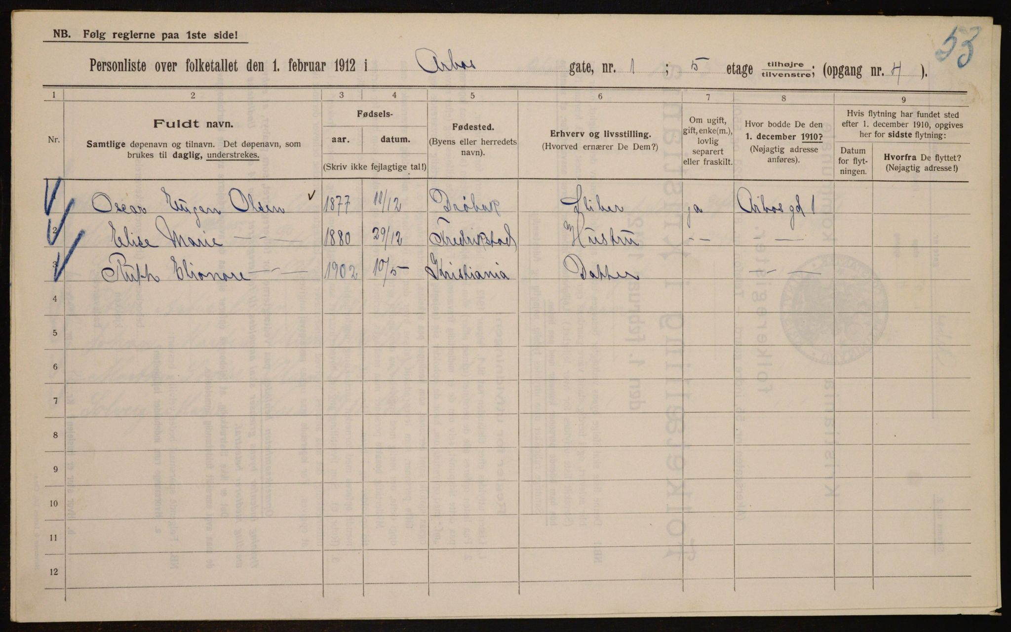 OBA, Kommunal folketelling 1.2.1912 for Kristiania, 1912, s. 1630