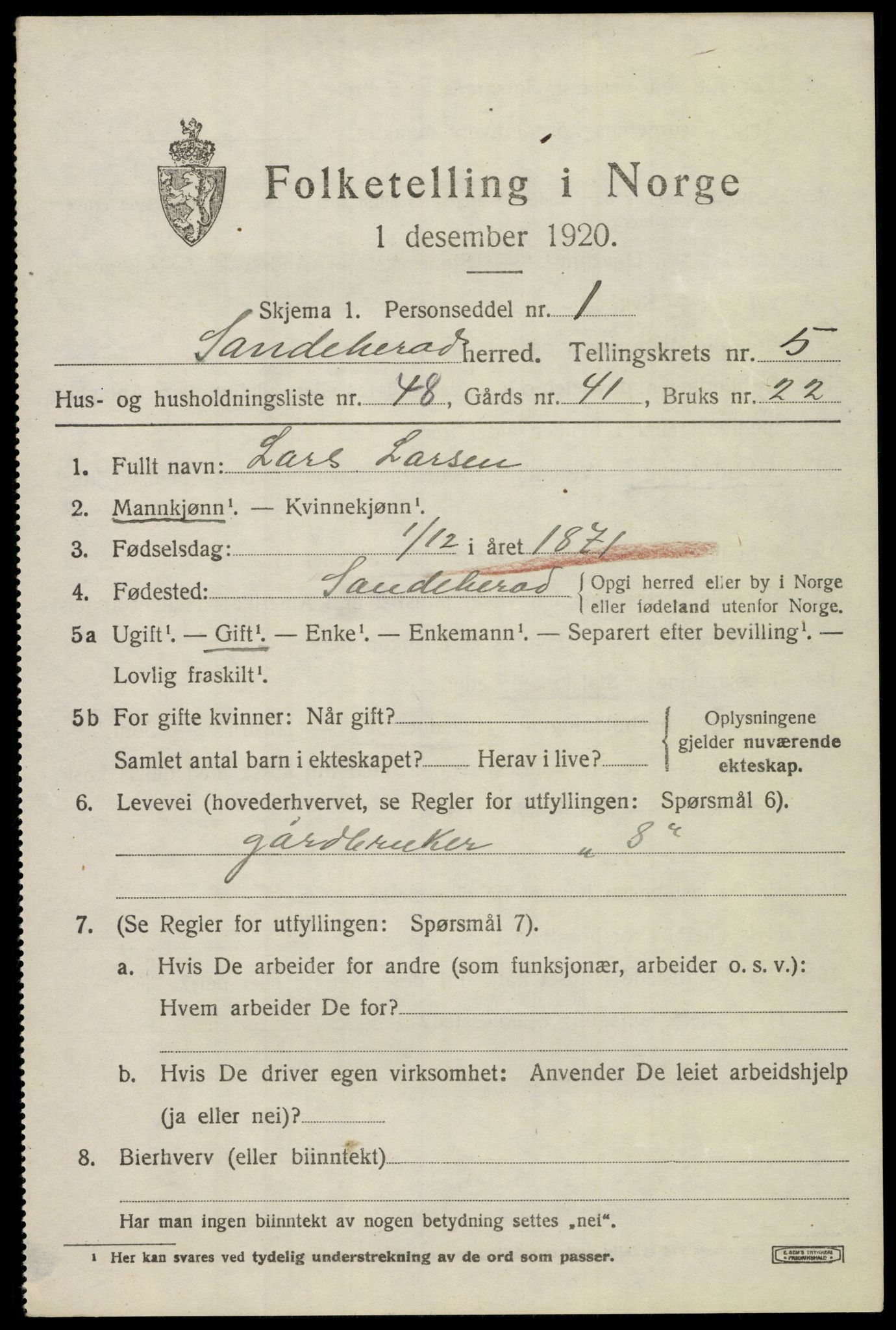 SAKO, Folketelling 1920 for 0724 Sandeherred herred, 1920, s. 8626