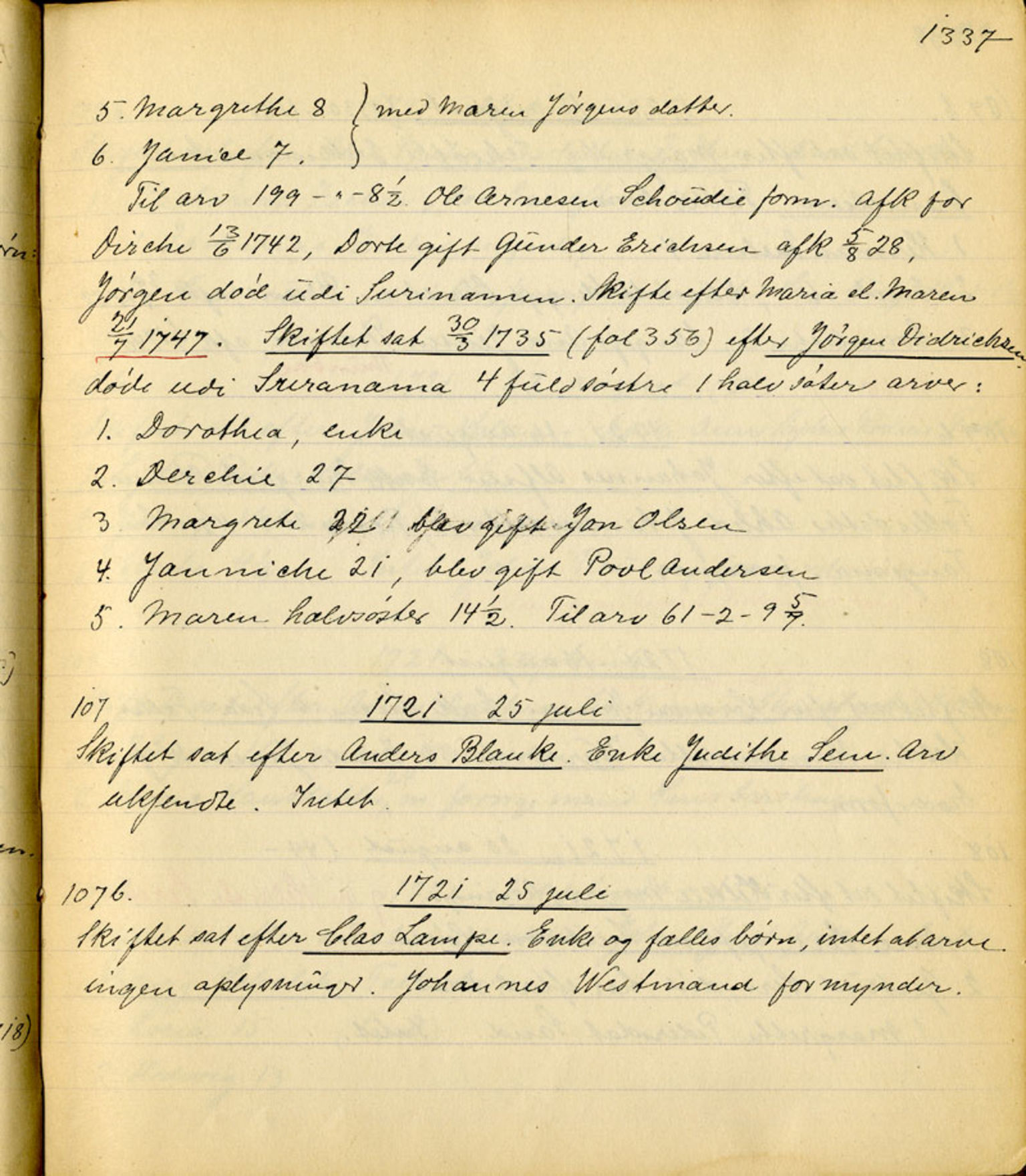 Sollied, Olaf og Thora - samlinger, SAB/SAB/DA-0401/01/L0011/0001: Skifte: Utdrag av registreringsprotokoll / 96 Skifte: utdrag av registreringsprotokoll, 1675-1738, s. 1337