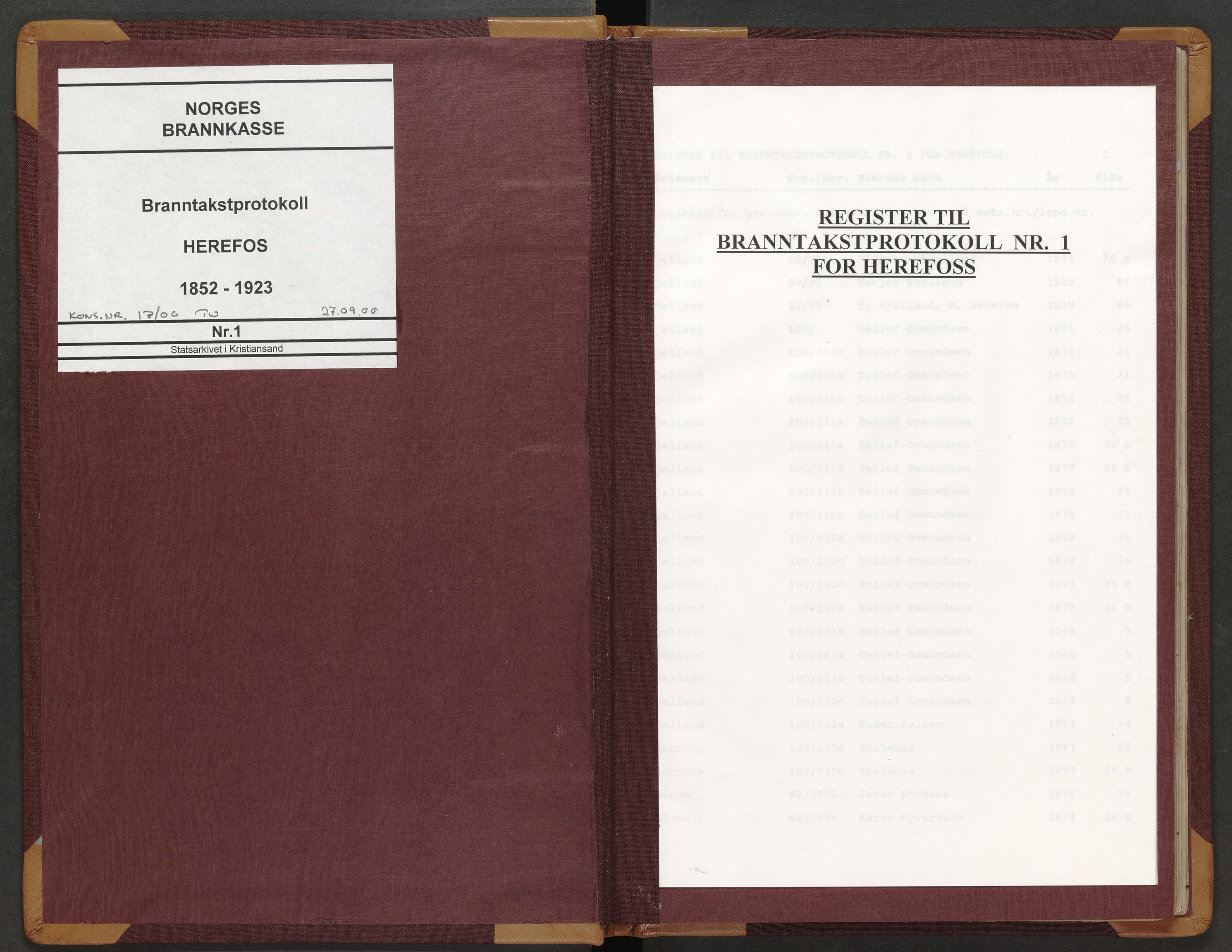 Norges Brannkasse Herefoss, AV/SAK-2241-0022/F/Fa/L0001: Branntakstprotokoll nr. 1 med gårdsnavnregister, 1852-1923