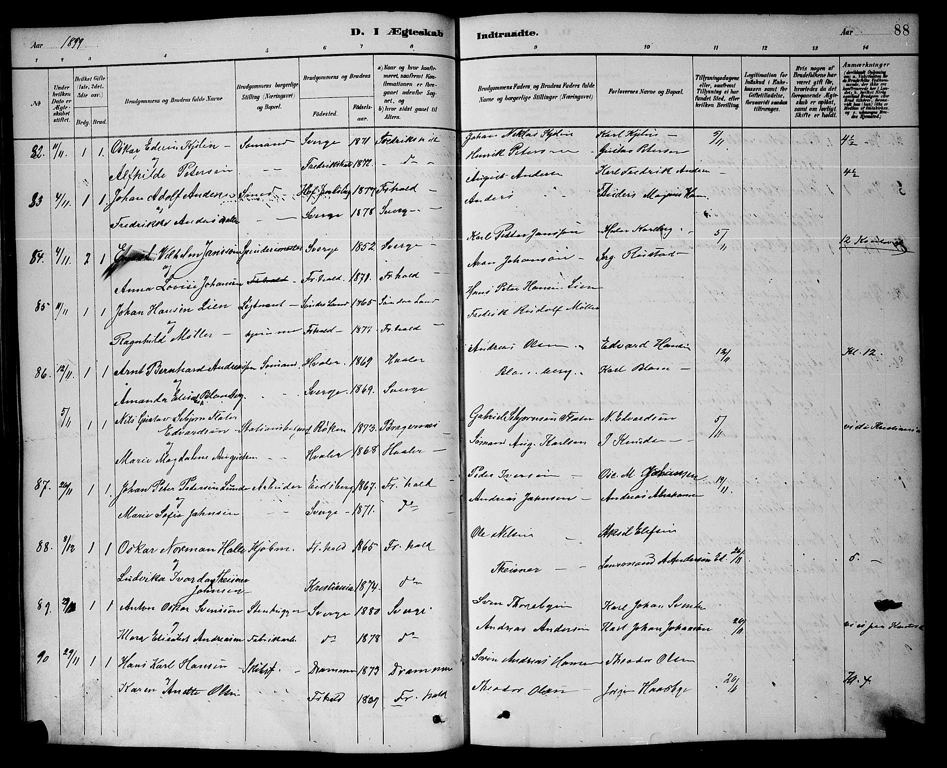 Halden prestekontor Kirkebøker, AV/SAO-A-10909/G/Ga/L0009: Klokkerbok nr. 9, 1885-1908, s. 88