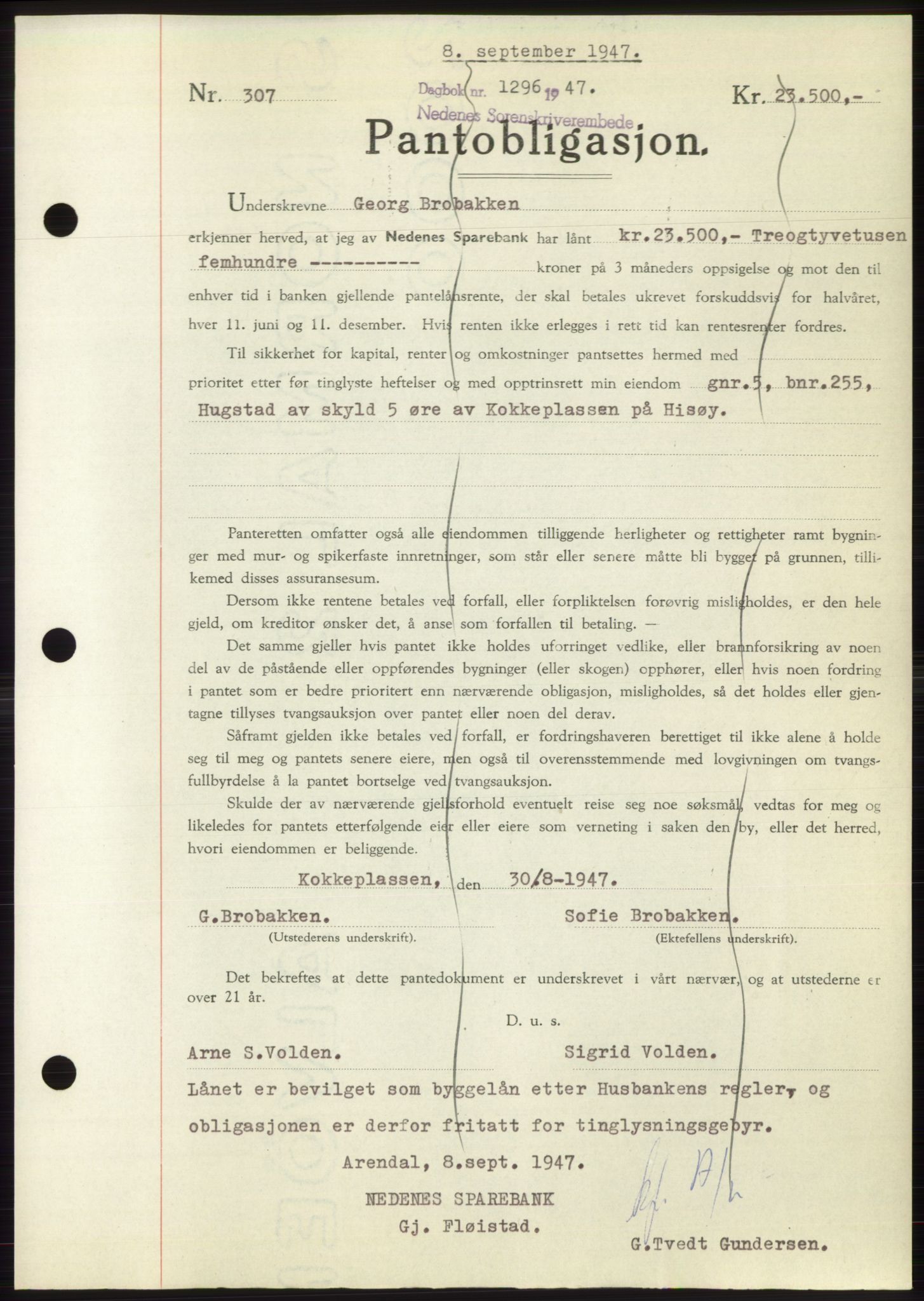 Nedenes sorenskriveri, SAK/1221-0006/G/Gb/Gbb/L0004: Pantebok nr. B4, 1947-1947, Dagboknr: 1296/1947