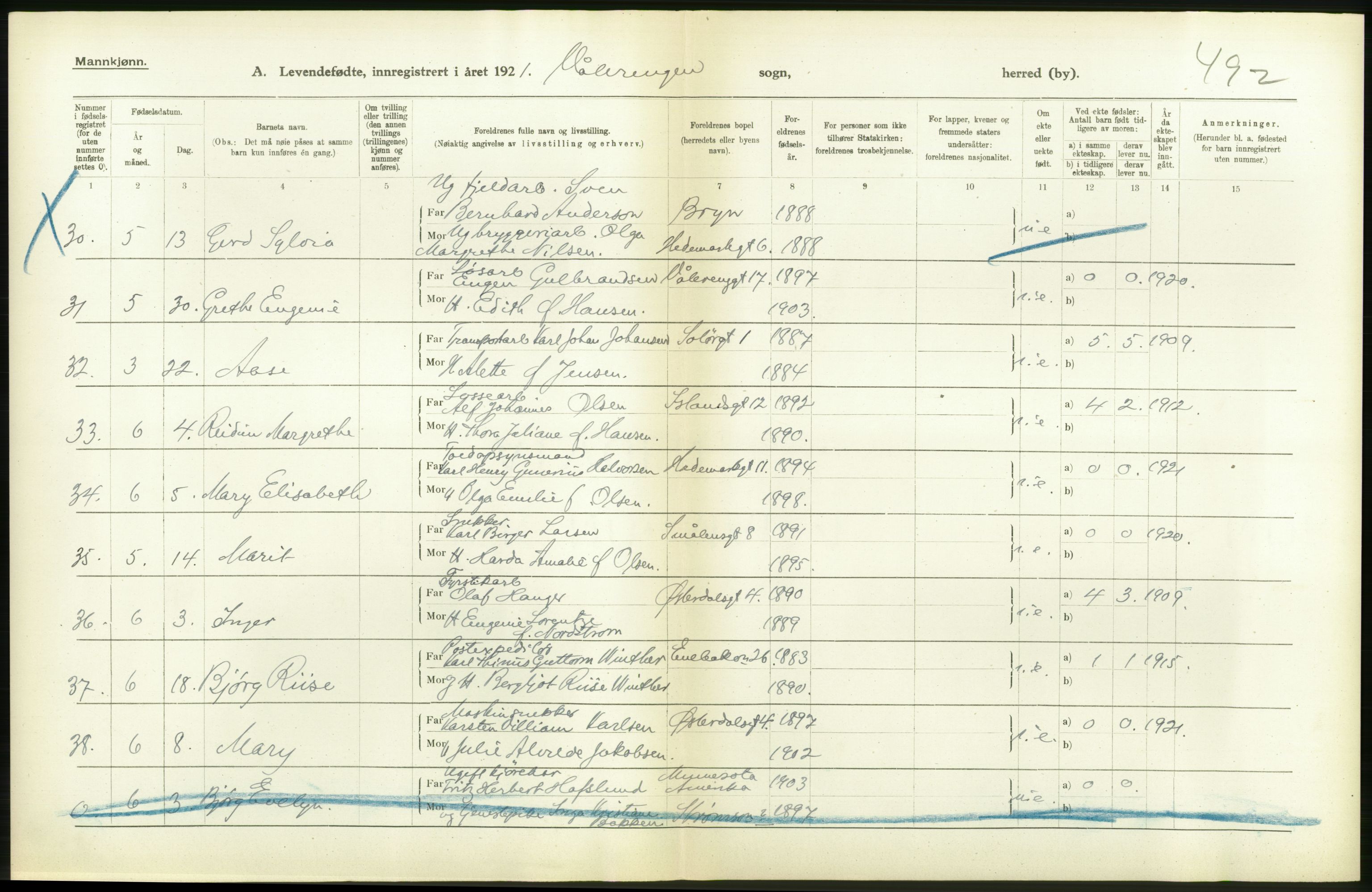 Statistisk sentralbyrå, Sosiodemografiske emner, Befolkning, RA/S-2228/D/Df/Dfc/Dfca/L0009: Kristiania: Levendefødte menn og kvinner., 1921, s. 190