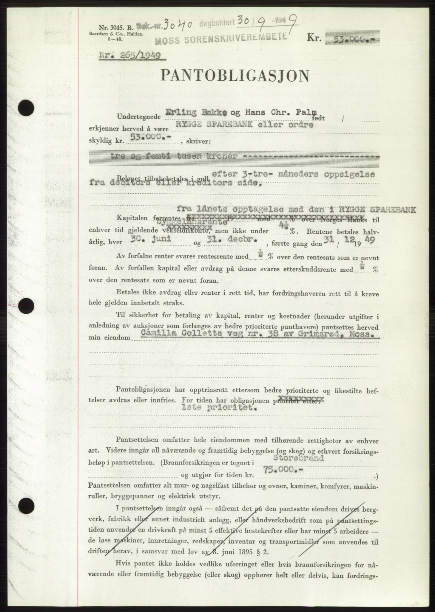 Moss sorenskriveri, SAO/A-10168: Pantebok nr. B22, 1949-1949, Dagboknr: 3040/1949
