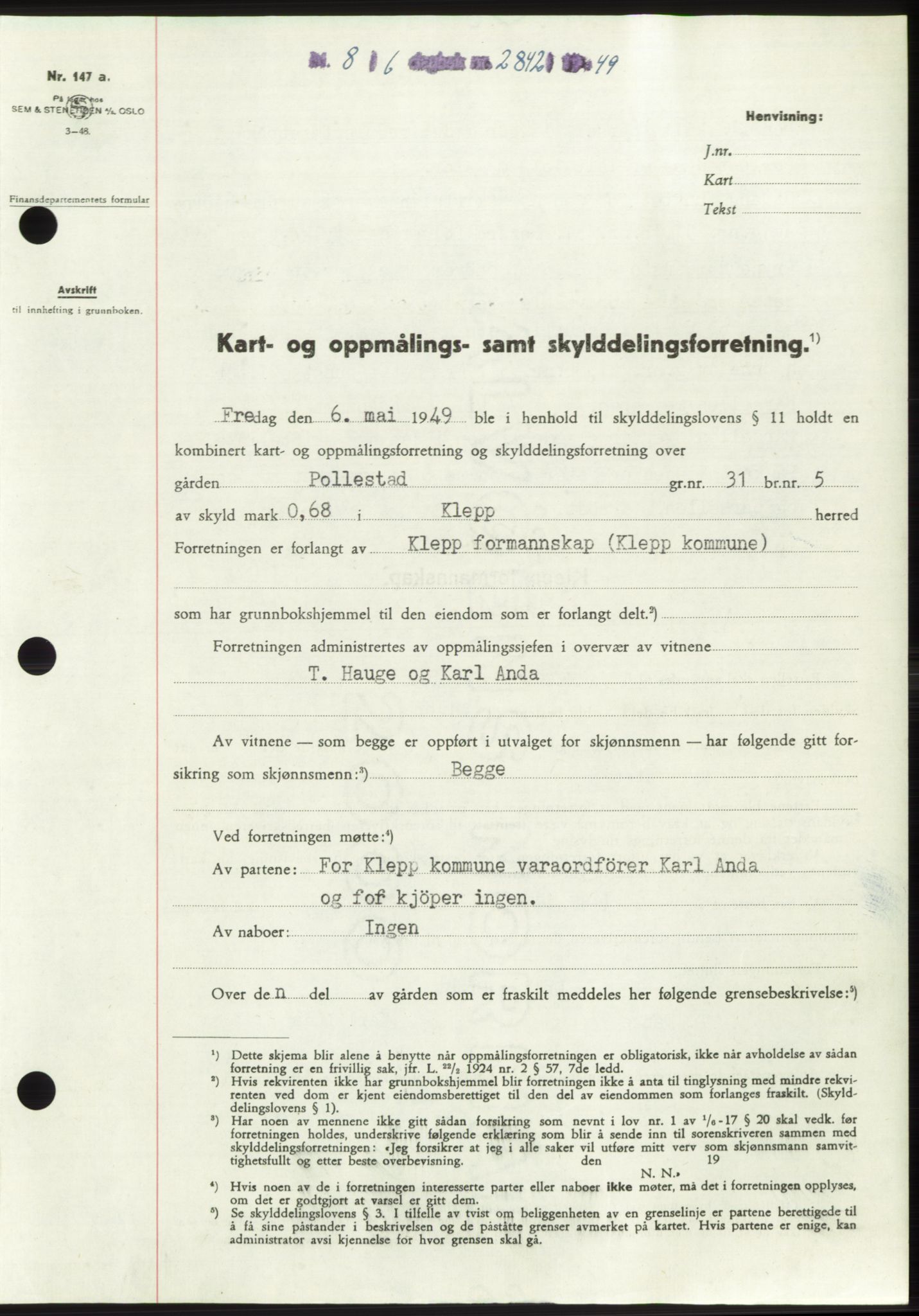 Jæren sorenskriveri, SAST/A-100310/03/G/Gba/L0103: Pantebok, 1949-1949, Dagboknr: 2842/1949