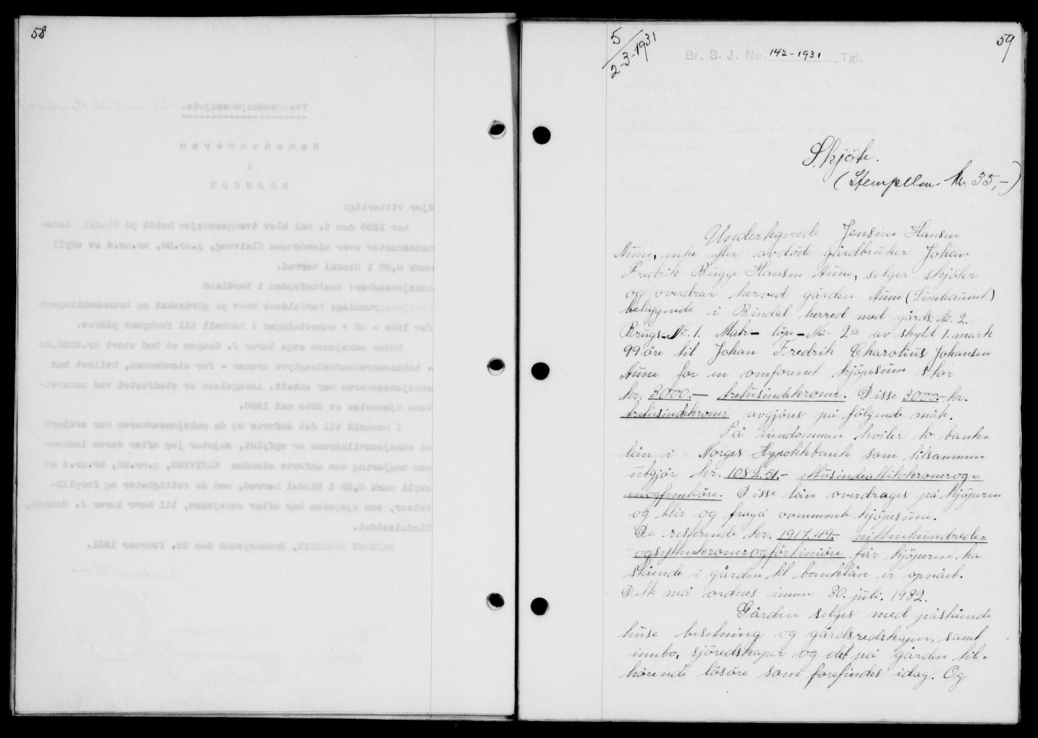 Brønnøy sorenskriveri, AV/SAT-A-4170/1/2/2C/L0009: Pantebok nr. 9, 1931-1932, s. 58-59, Tingl.dato: 02.03.1931