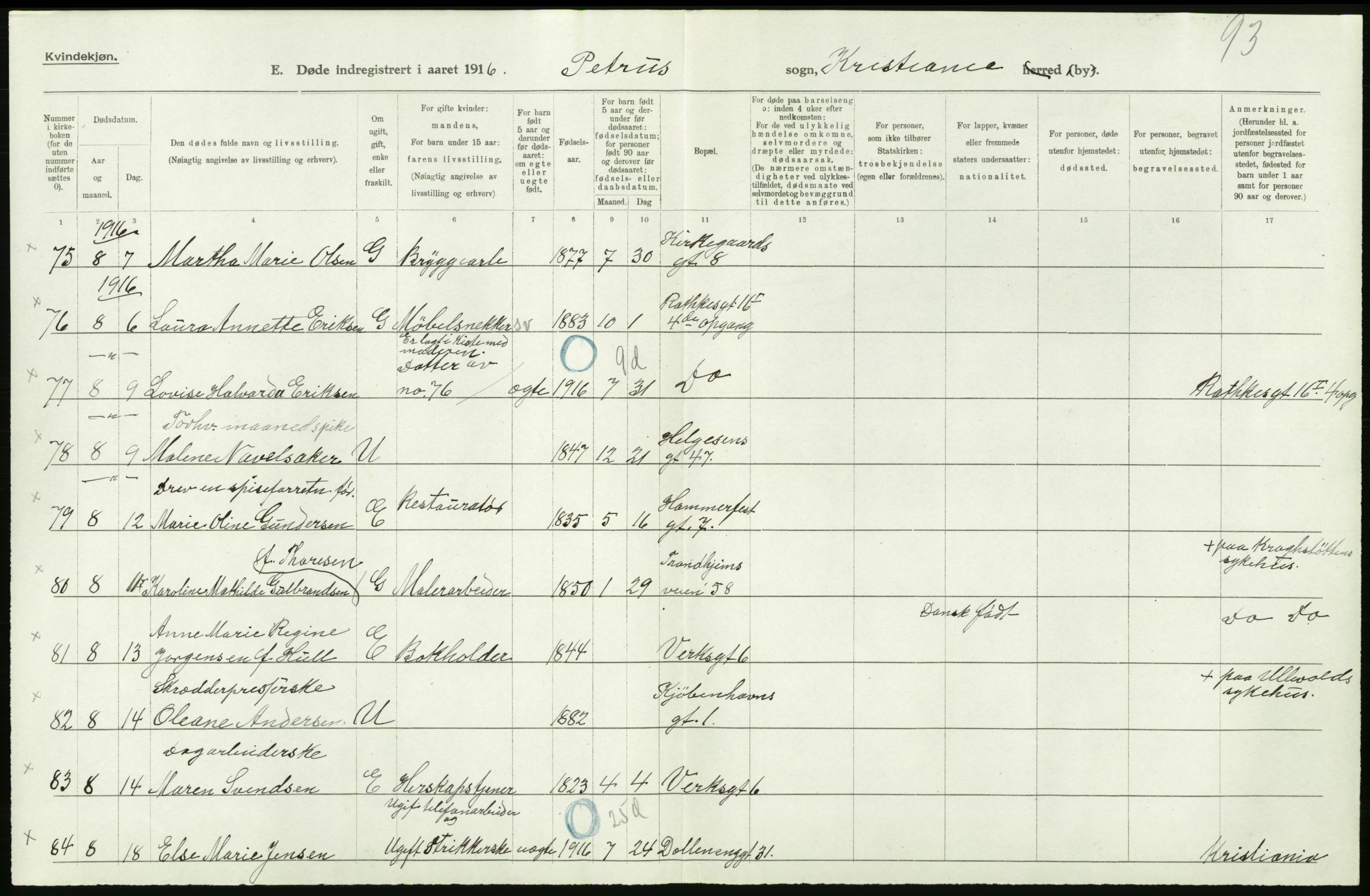 Statistisk sentralbyrå, Sosiodemografiske emner, Befolkning, AV/RA-S-2228/D/Df/Dfb/Dfbf/L0009: Kristiania: Døde., 1916, s. 138