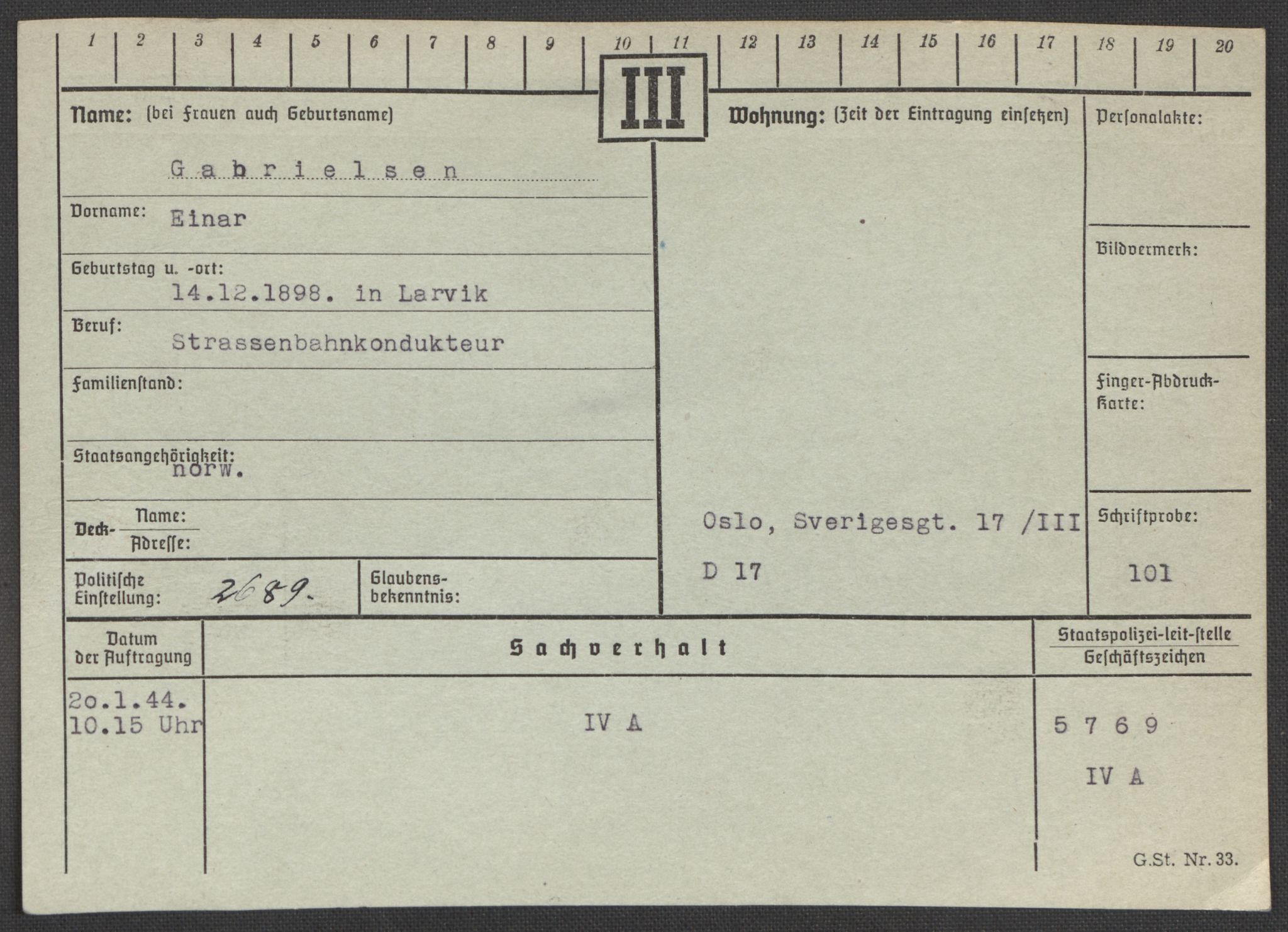 Befehlshaber der Sicherheitspolizei und des SD, RA/RAFA-5969/E/Ea/Eaa/L0003: Register over norske fanger i Møllergata 19: Eng-Hag, 1940-1945, s. 703