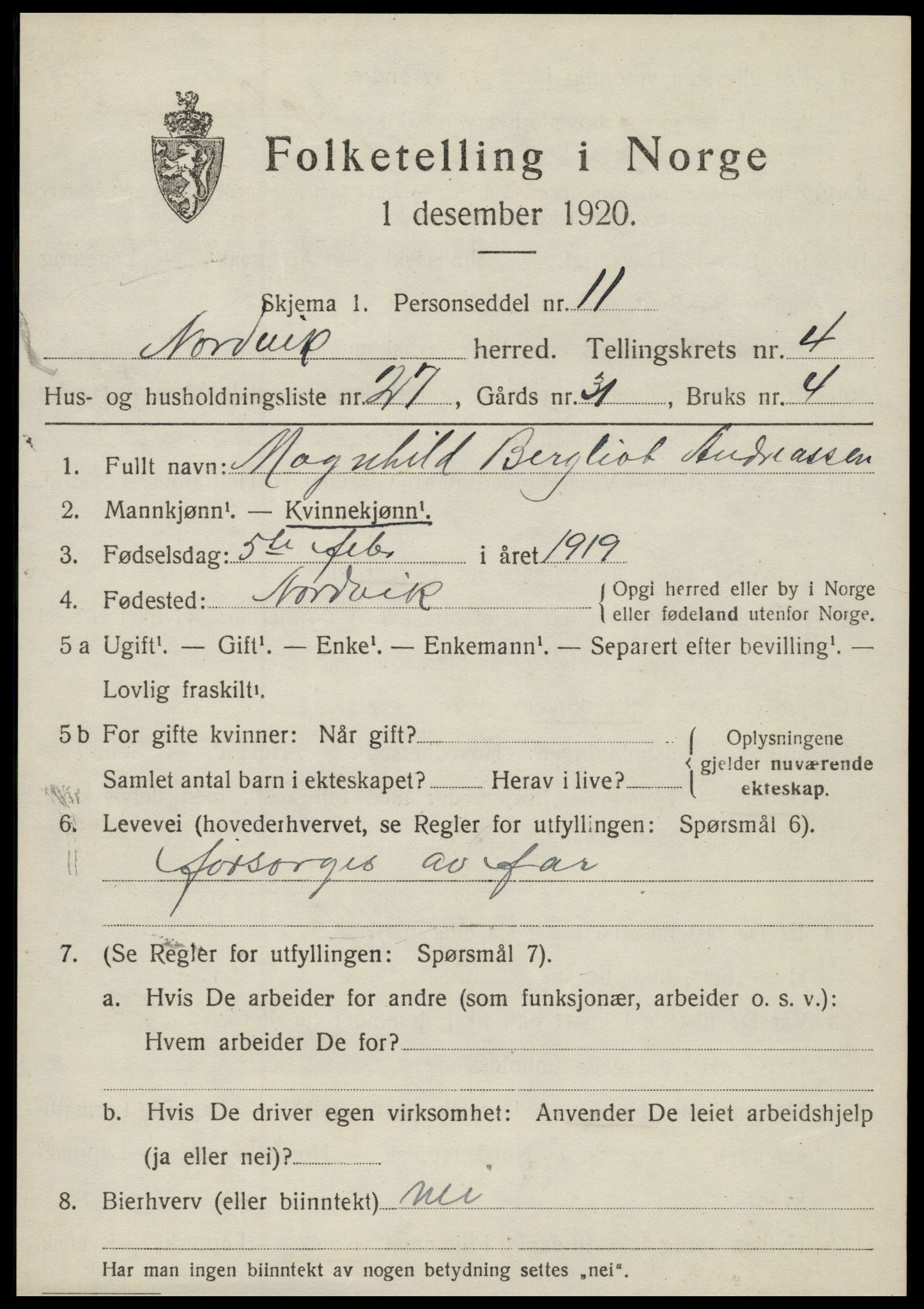 SAT, Folketelling 1920 for 1819 Nordvik herred, 1920, s. 1732