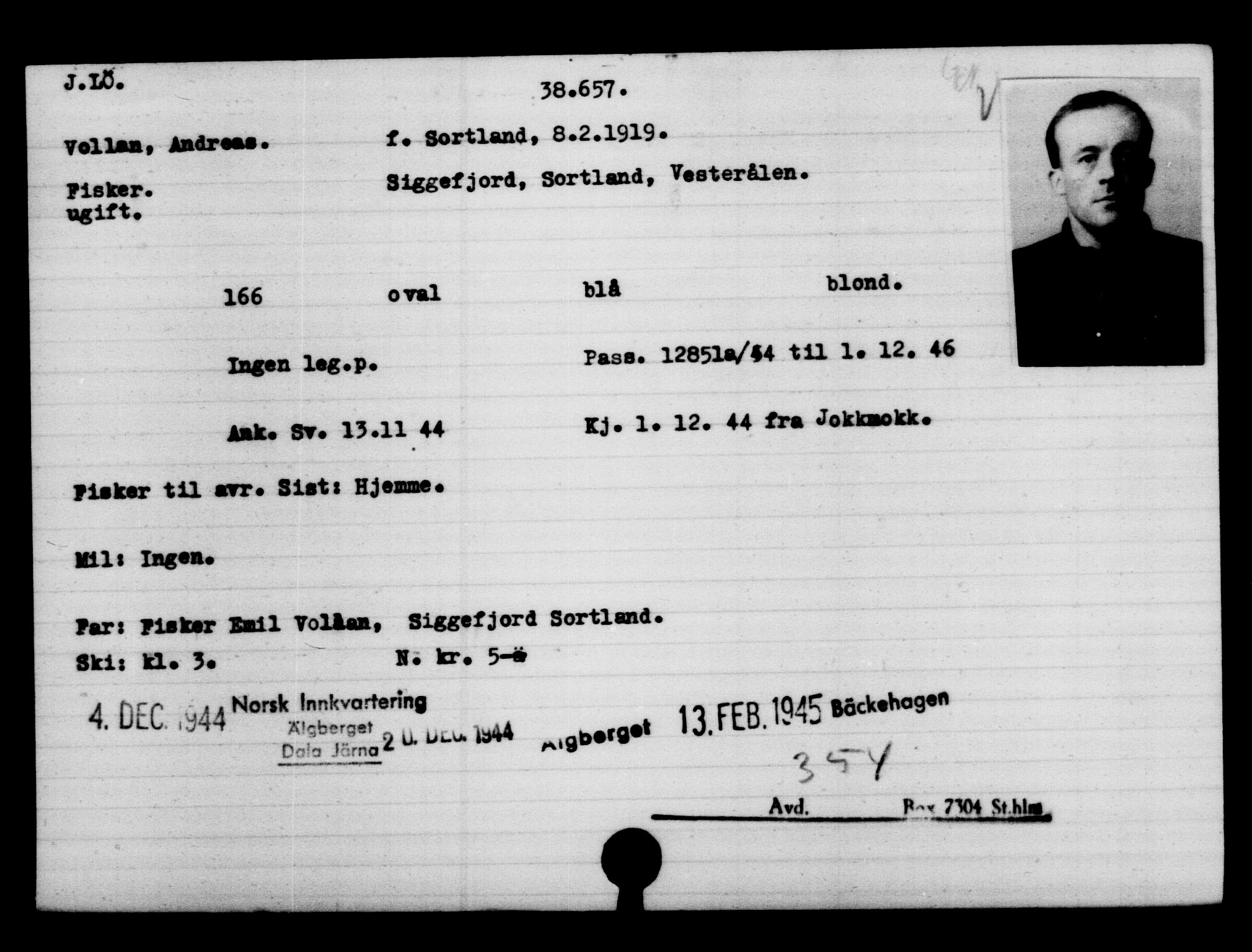 Utenriksstasjonene, Legasjonen i Stockholm, Flyktningkontoret, AV/RA-S-6753/V/Va/L0015: Kjesäterkartoteket, flyktninger med registreringsnr. 37800-40770, 1940-1945, s. 881