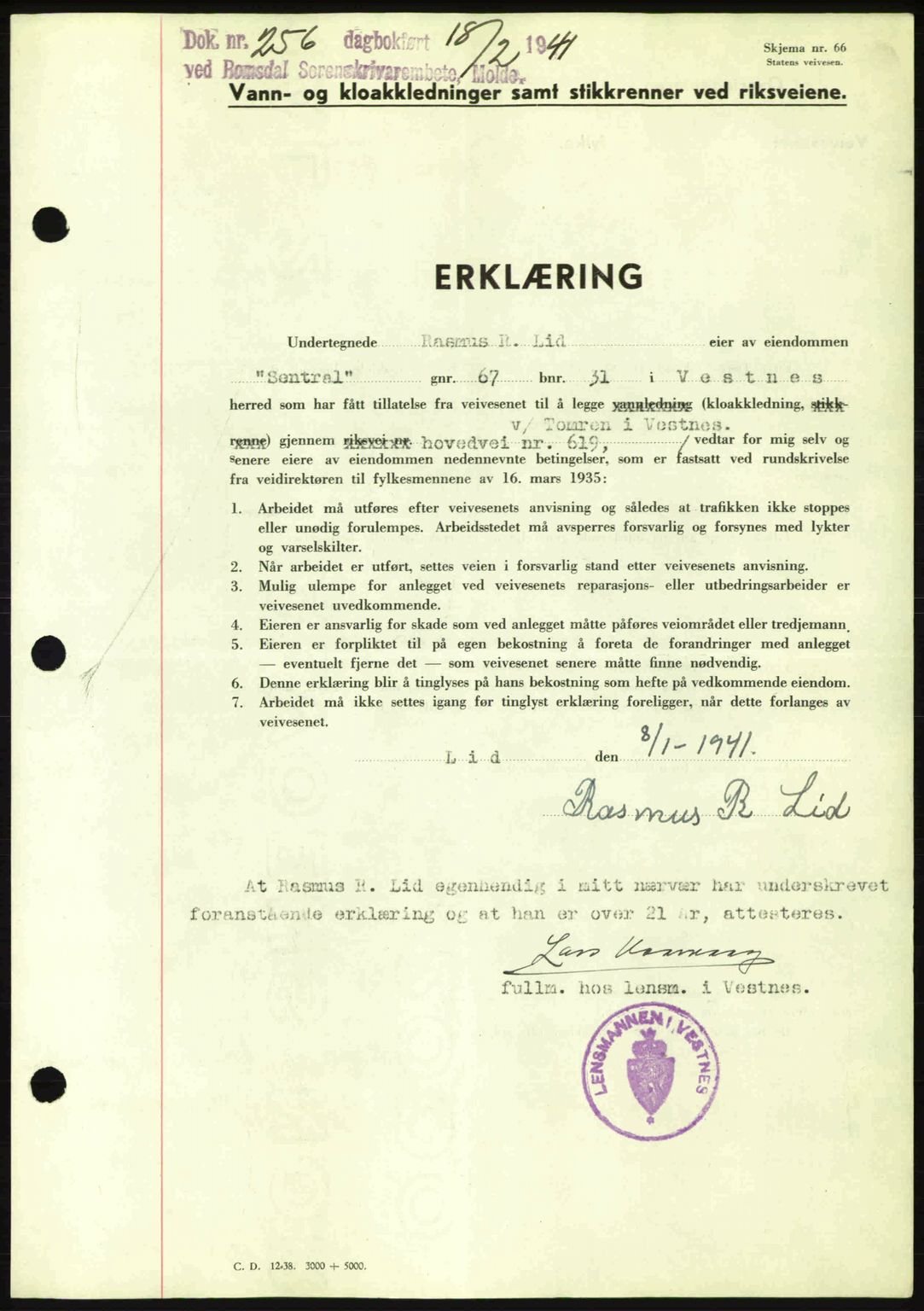 Romsdal sorenskriveri, SAT/A-4149/1/2/2C: Pantebok nr. A9, 1940-1941, Dagboknr: 256/1941