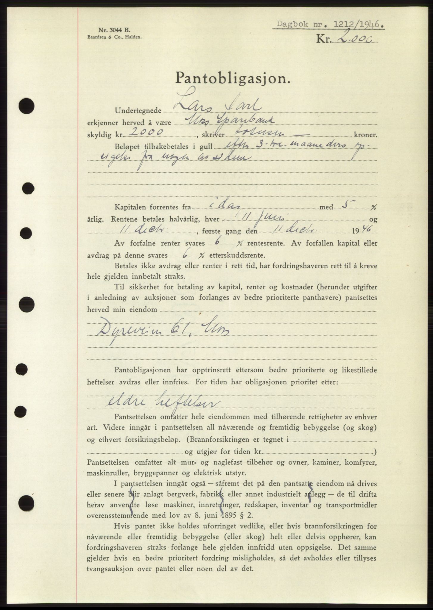Moss sorenskriveri, SAO/A-10168: Pantebok nr. B15, 1946-1946, Dagboknr: 1212/1946