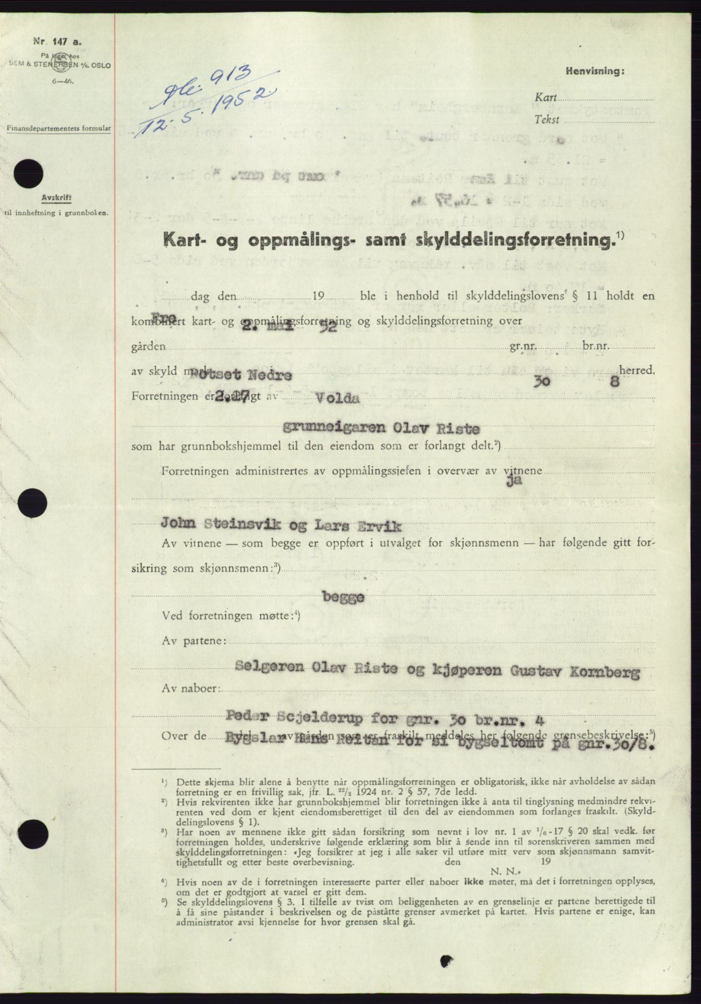 Søre Sunnmøre sorenskriveri, AV/SAT-A-4122/1/2/2C/L0092: Pantebok nr. 18A, 1952-1952, Dagboknr: 913/1952