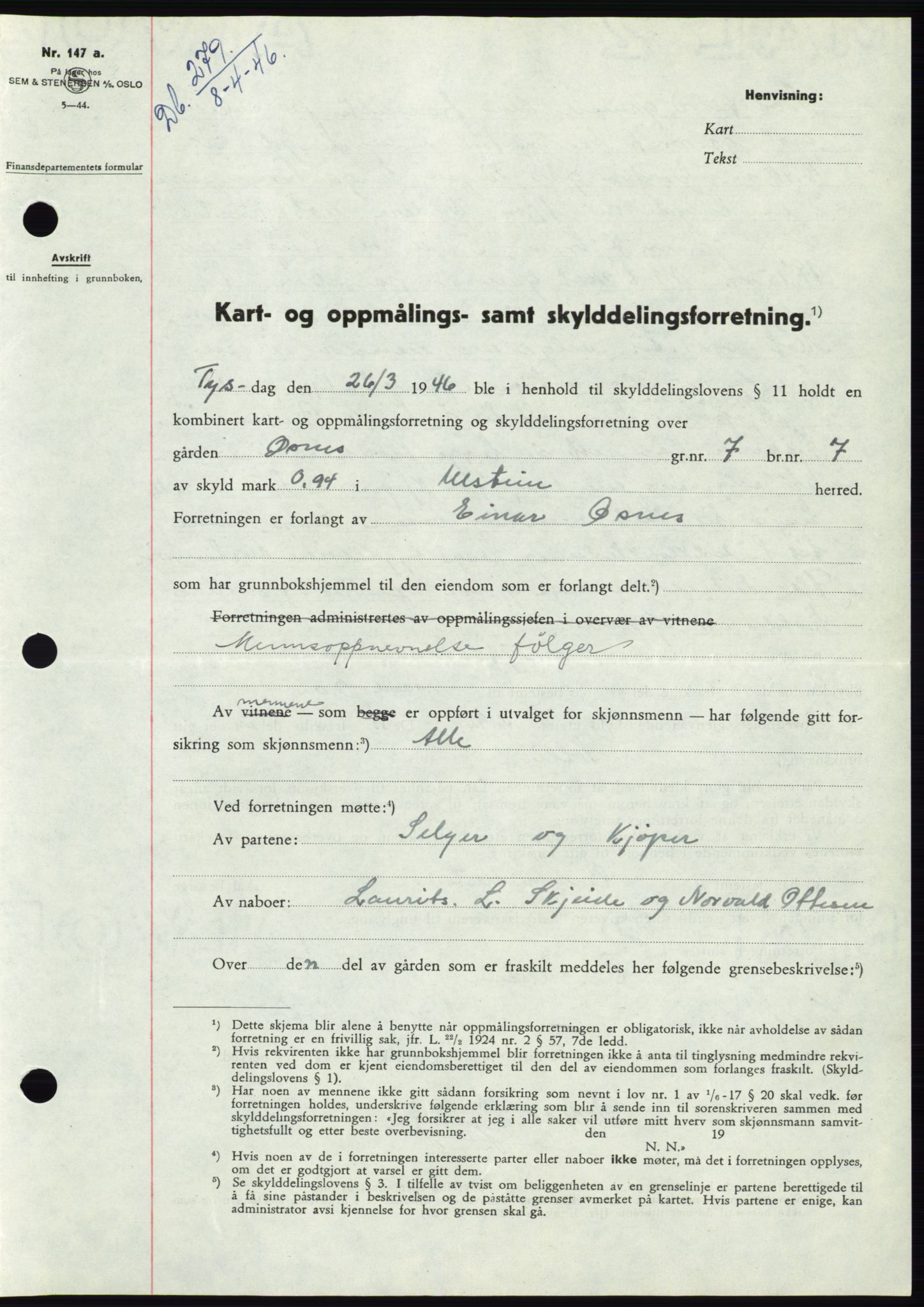 Søre Sunnmøre sorenskriveri, SAT/A-4122/1/2/2C/L0078: Pantebok nr. 4A, 1946-1946, Dagboknr: 279/1946