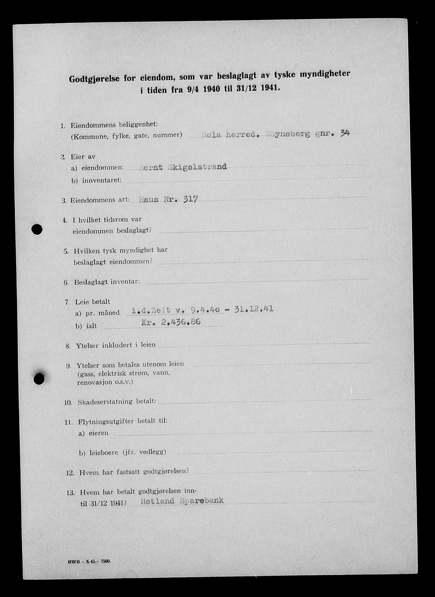Justisdepartementet, Tilbakeføringskontoret for inndratte formuer, AV/RA-S-1564/I/L1015: Godtgjørelse for beslaglagt eiendom, 1940-1941, s. 176