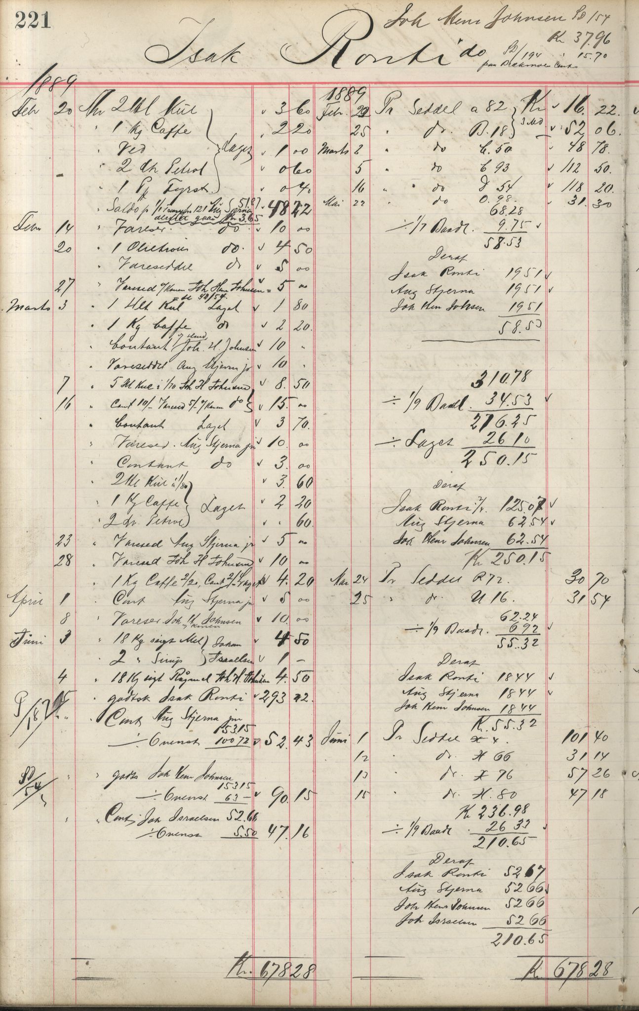 Brodtkorb handel A/S, VAMU/A-0001/F/Fa/L0001/0002: Kompanibøker. Innensogns / Compagnibog for Indensogns Fiskere No 11, 1887-1889, s. 221