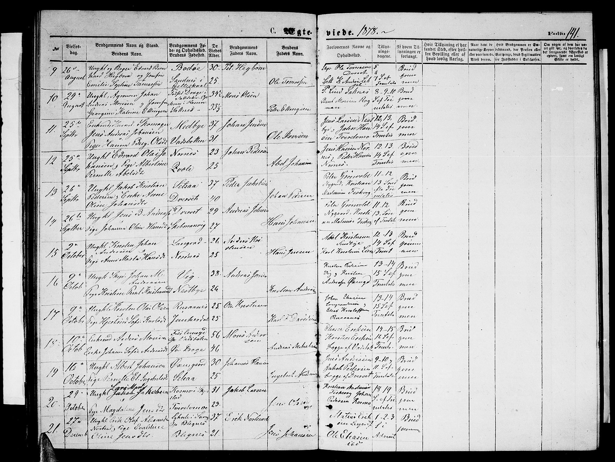 Ministerialprotokoller, klokkerbøker og fødselsregistre - Nordland, AV/SAT-A-1459/847/L0679: Klokkerbok nr. 847C07, 1870-1888, s. 141