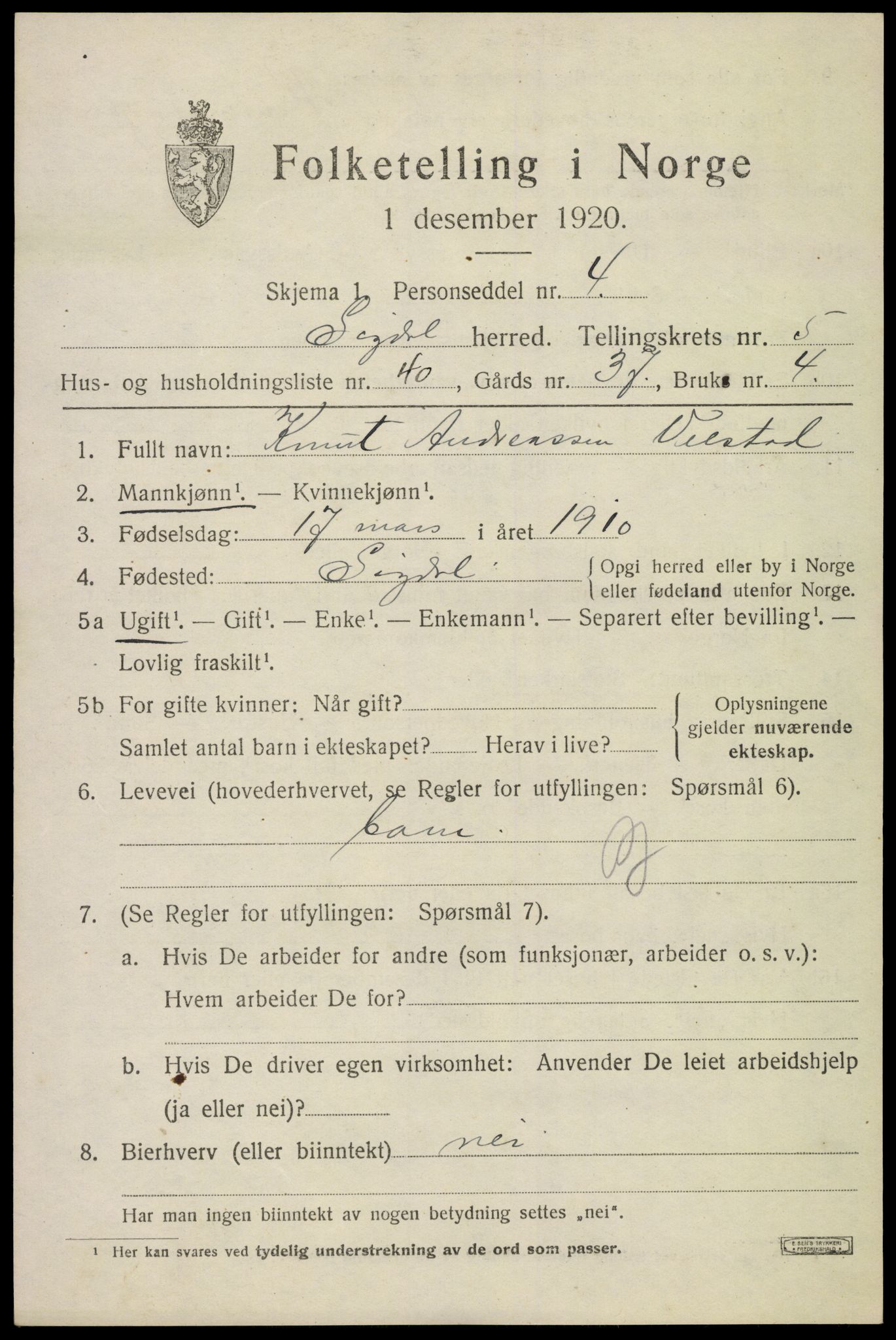 SAKO, Folketelling 1920 for 0621 Sigdal herred, 1920, s. 4240