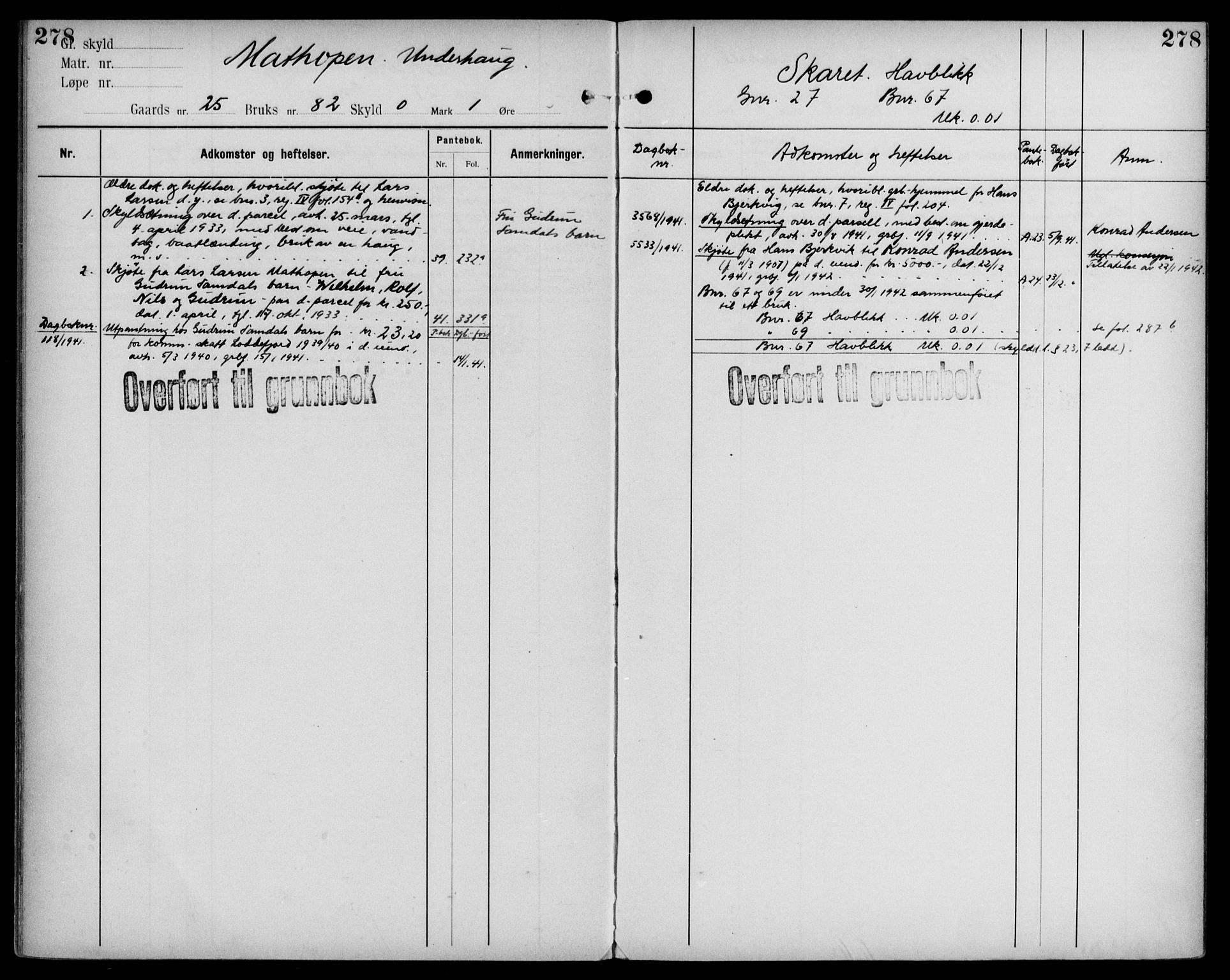 Midhordland sorenskriveri, AV/SAB-A-3001/1/G/Ga/Gab/L0109: Panteregister nr. II.A.b.109, s. 278