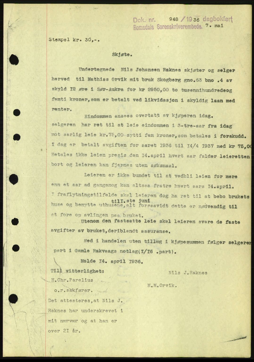 Romsdal sorenskriveri, SAT/A-4149/1/2/2C: Pantebok nr. A1, 1936-1936, Dagboknr: 948/1936