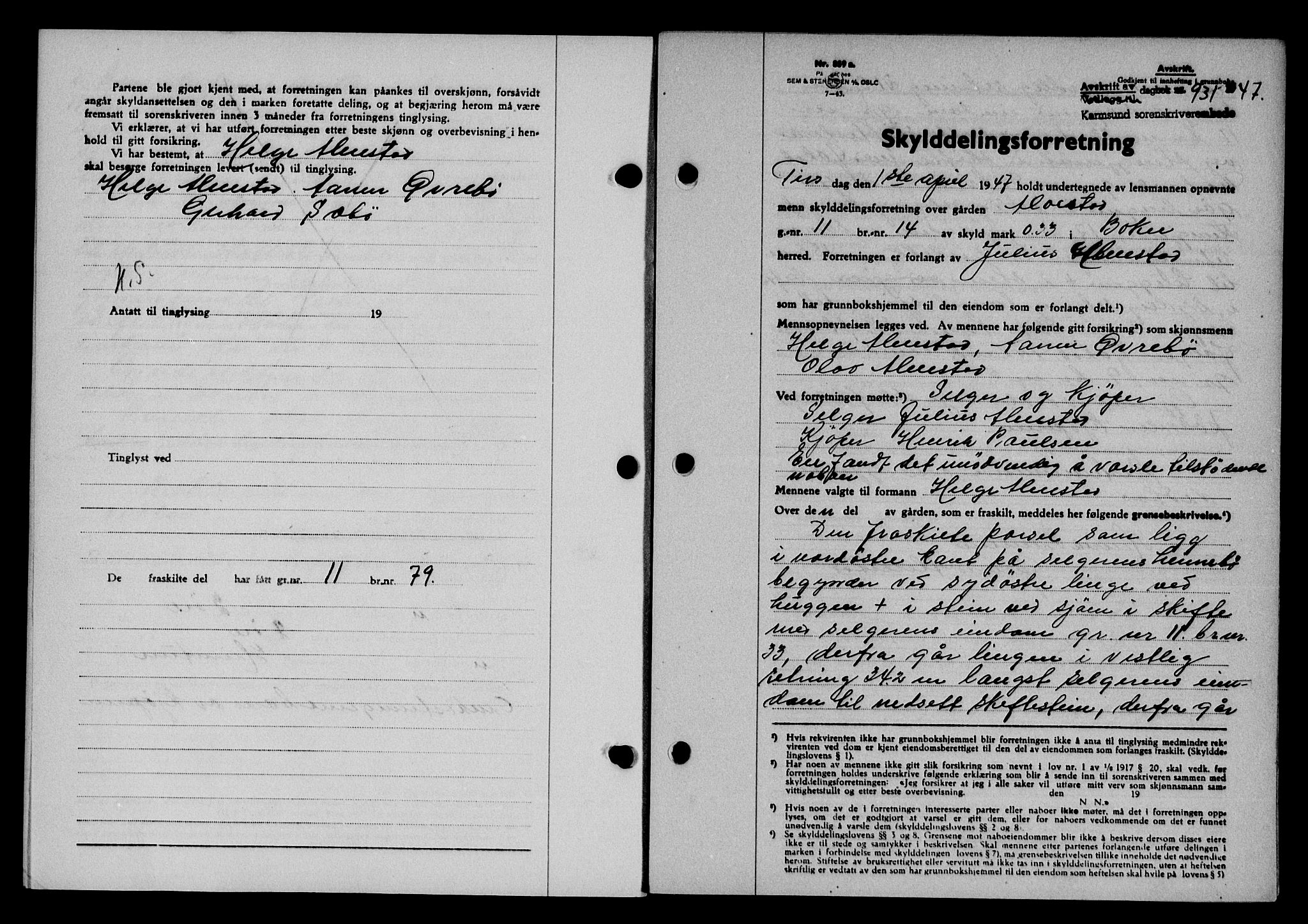 Karmsund sorenskriveri, SAST/A-100311/01/II/IIB/L0089: Pantebok nr. 69A, 1947-1947, Dagboknr: 931/1947