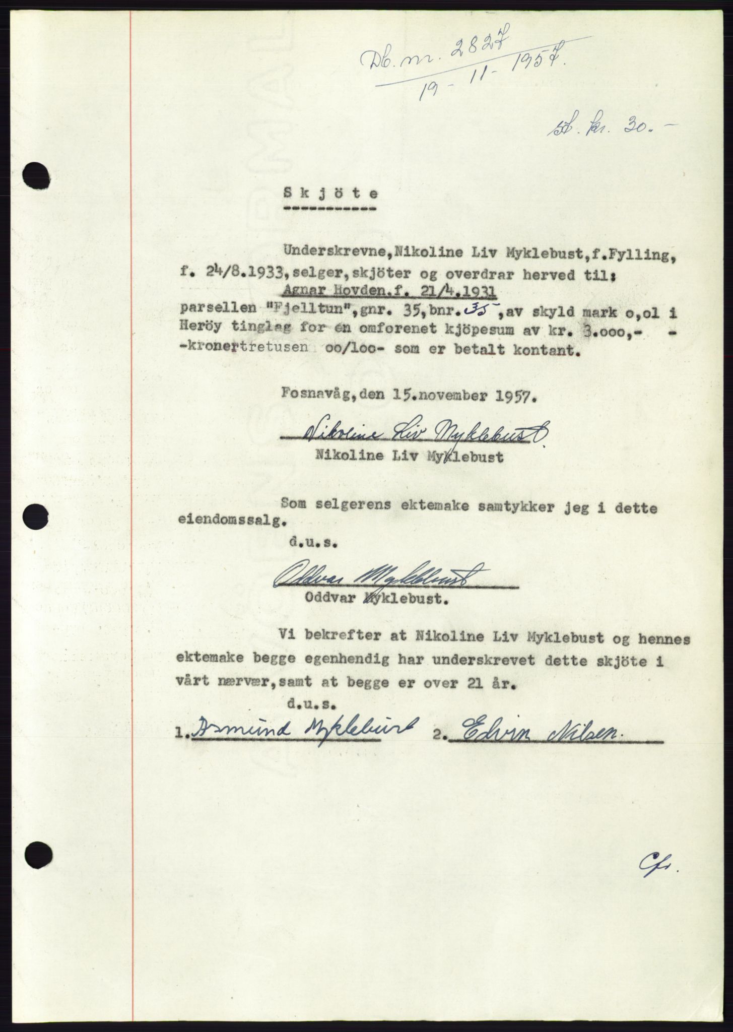 Søre Sunnmøre sorenskriveri, AV/SAT-A-4122/1/2/2C/L0108: Pantebok nr. 34A, 1957-1958, Dagboknr: 2827/1957