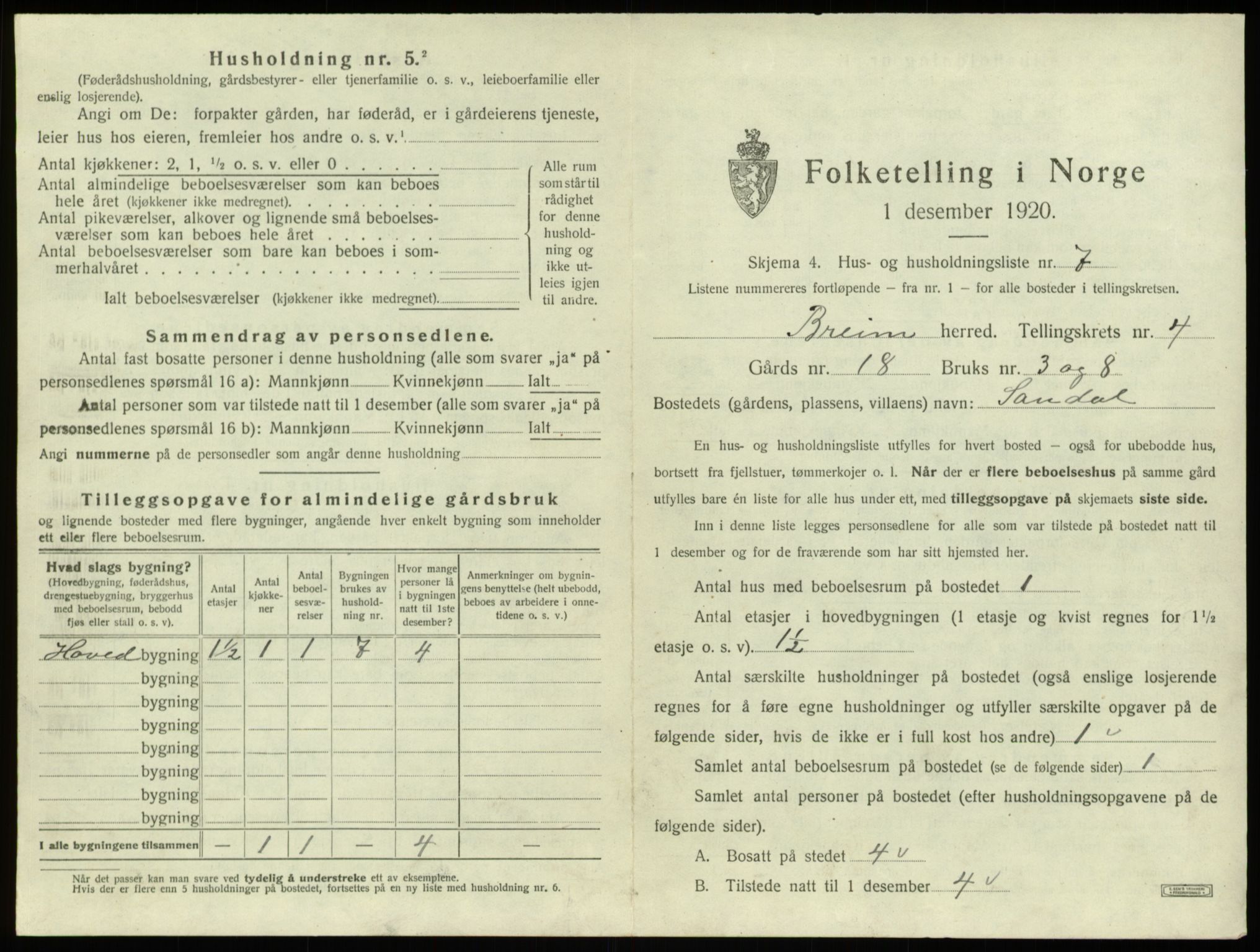 SAB, Folketelling 1920 for 1446 Breim herred, 1920, s. 340