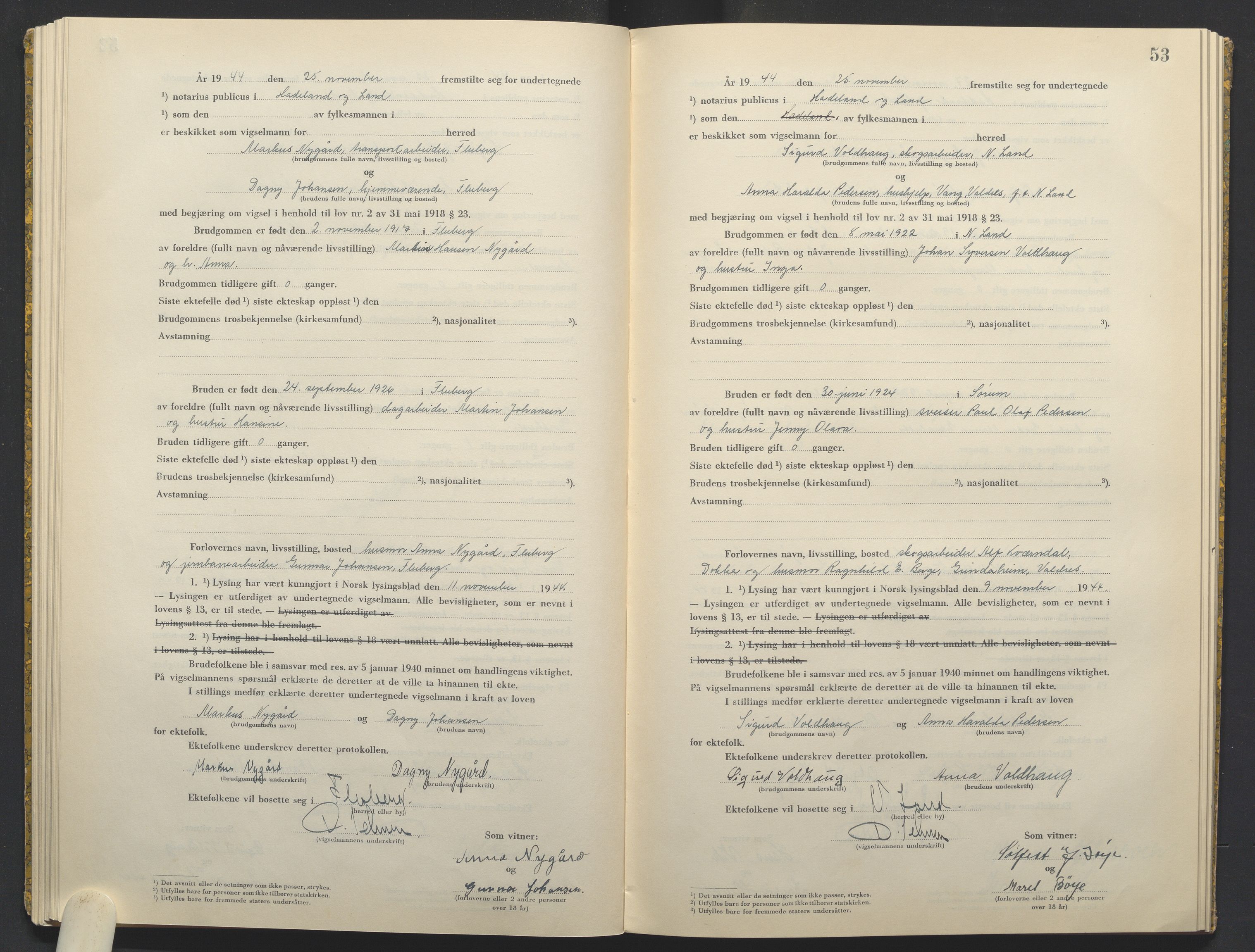 Hadeland og Land tingrett, AV/SAH-TING-010/L/Lb/L0003: Vigselbok, 1944-1946, s. 53