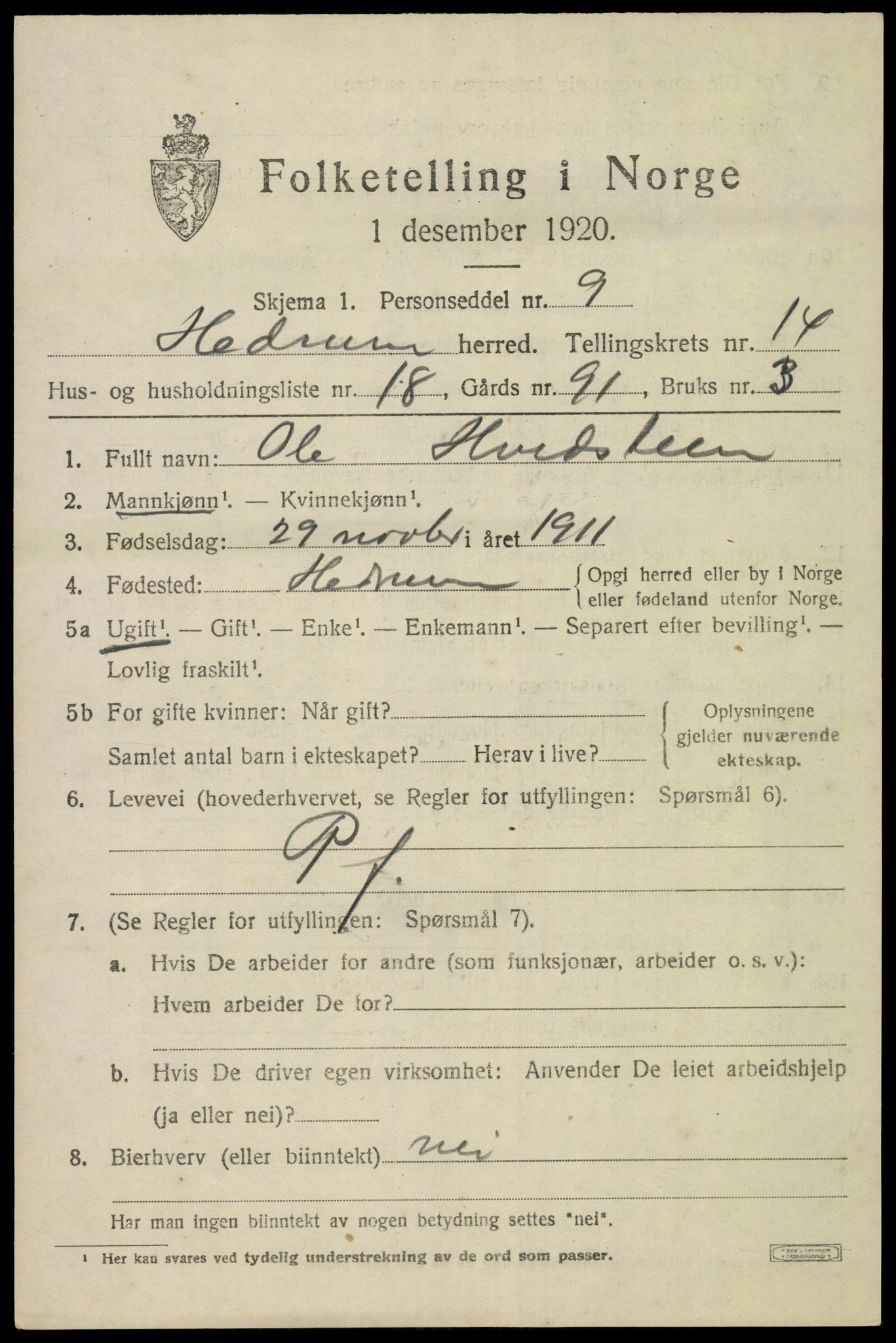 SAKO, Folketelling 1920 for 0727 Hedrum herred, 1920, s. 9295