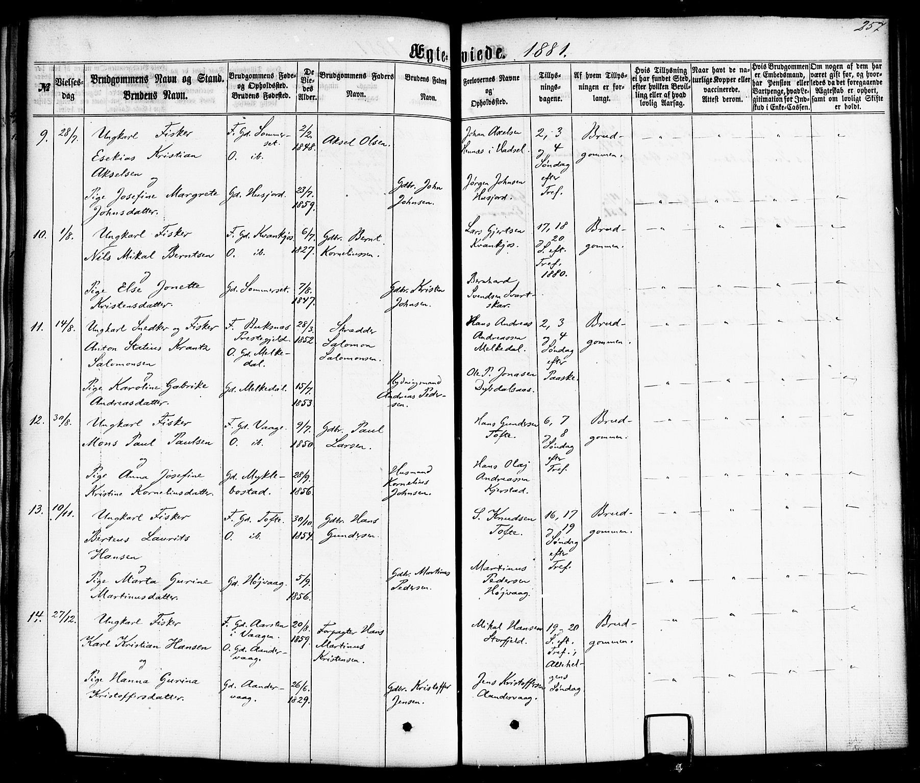 Ministerialprotokoller, klokkerbøker og fødselsregistre - Nordland, AV/SAT-A-1459/872/L1034: Ministerialbok nr. 872A09, 1864-1884, s. 257