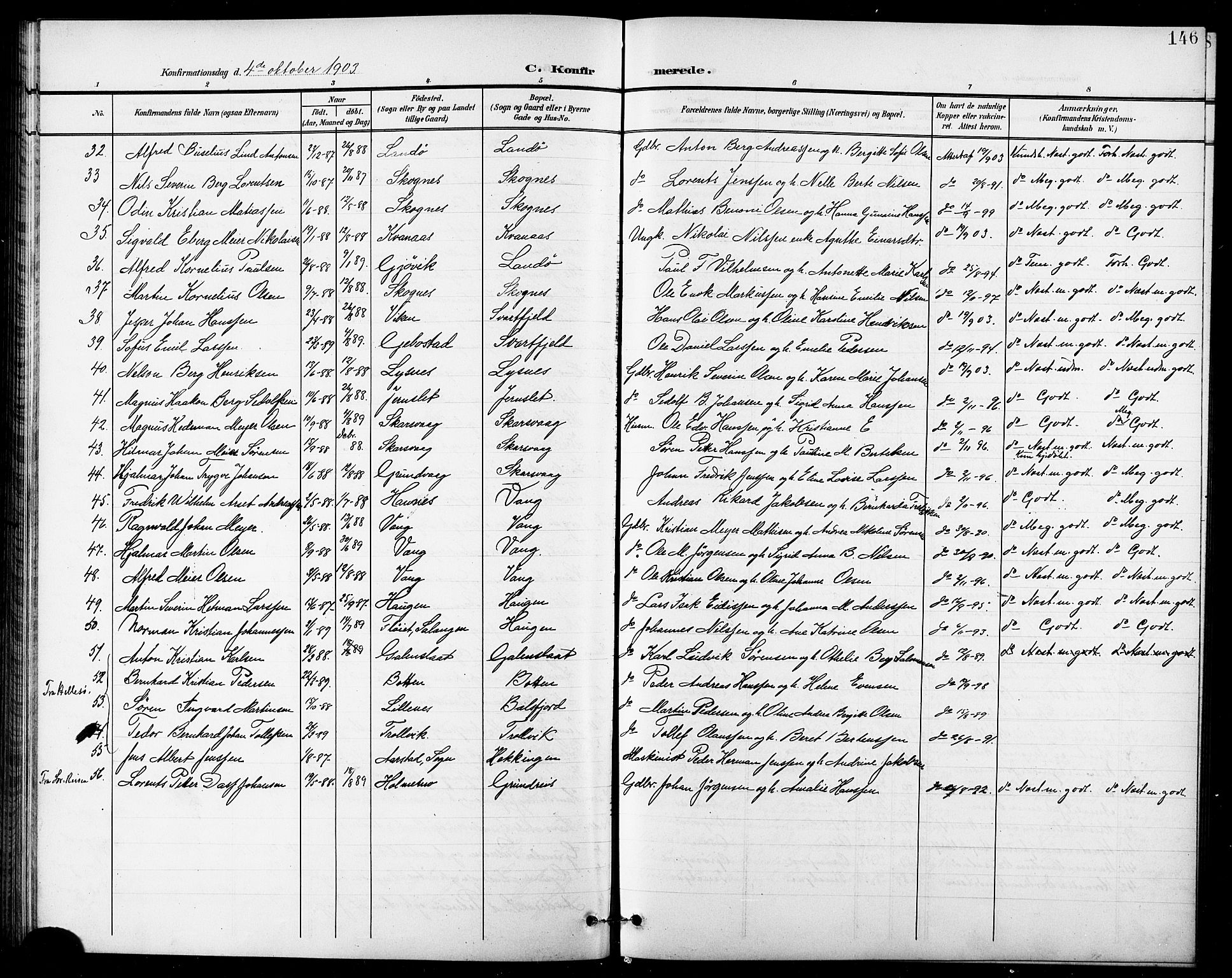 Lenvik sokneprestembete, AV/SATØ-S-1310/H/Ha/Hab/L0008klokker: Klokkerbok nr. 8, 1899-1911, s. 146