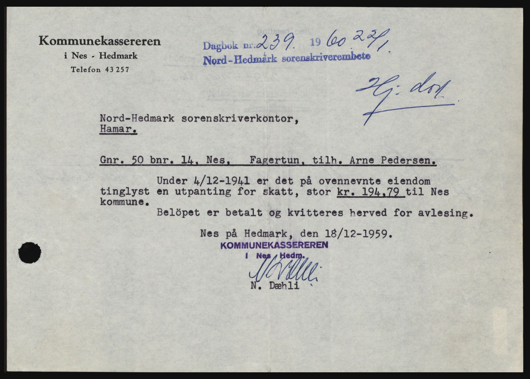 Nord-Hedmark sorenskriveri, SAH/TING-012/H/Hc/L0013: Pantebok nr. 13, 1959-1960, Dagboknr: 239/1960