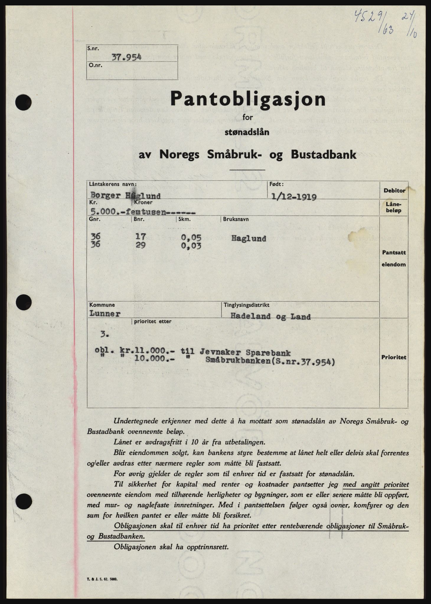 Hadeland og Land tingrett, SAH/TING-010/H/Hb/Hbc/L0053: Pantebok nr. B53, 1963-1964, Dagboknr: 4529/1963