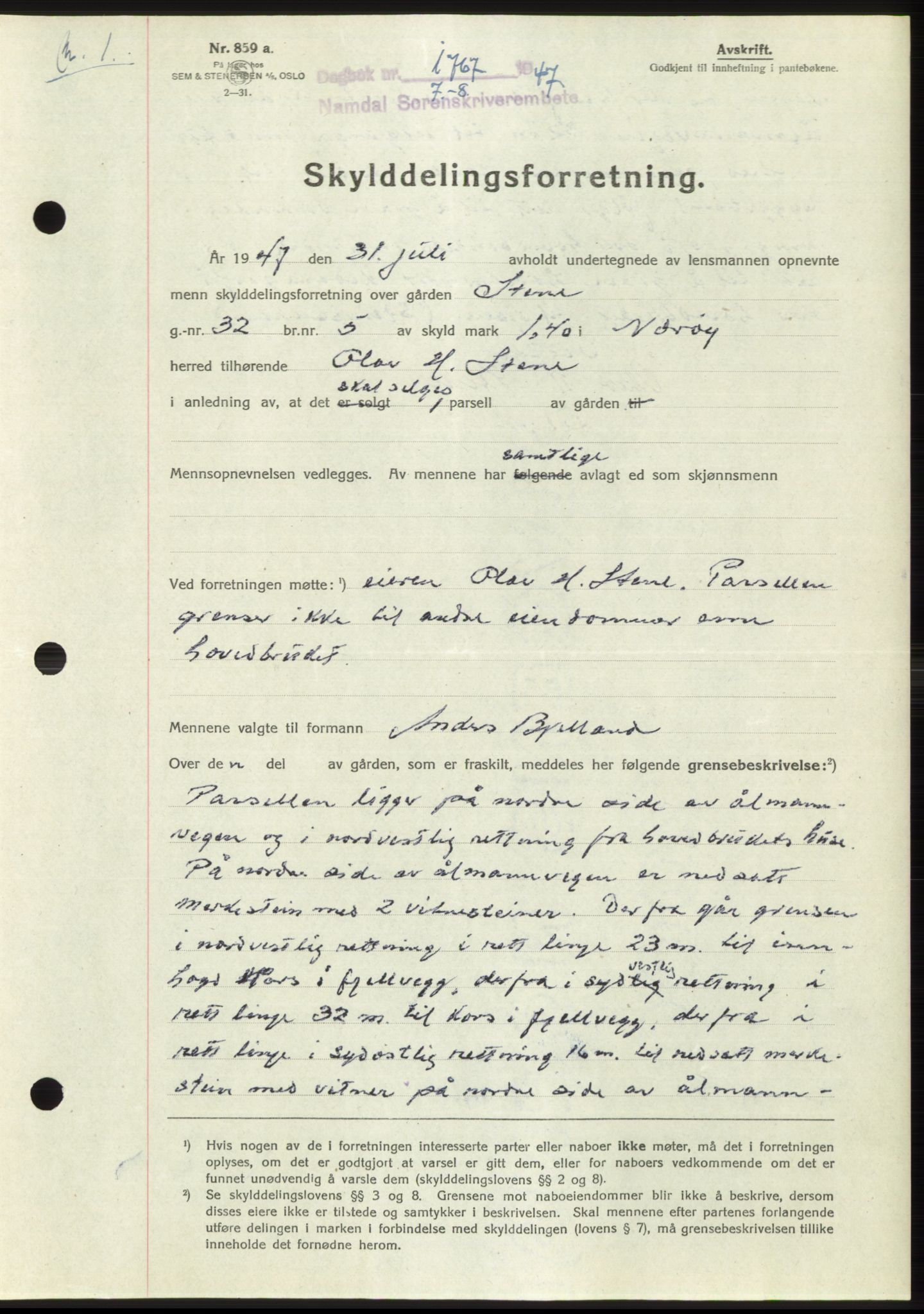 Namdal sorenskriveri, SAT/A-4133/1/2/2C: Pantebok nr. -, 1947-1947, Dagboknr: 1767/1947