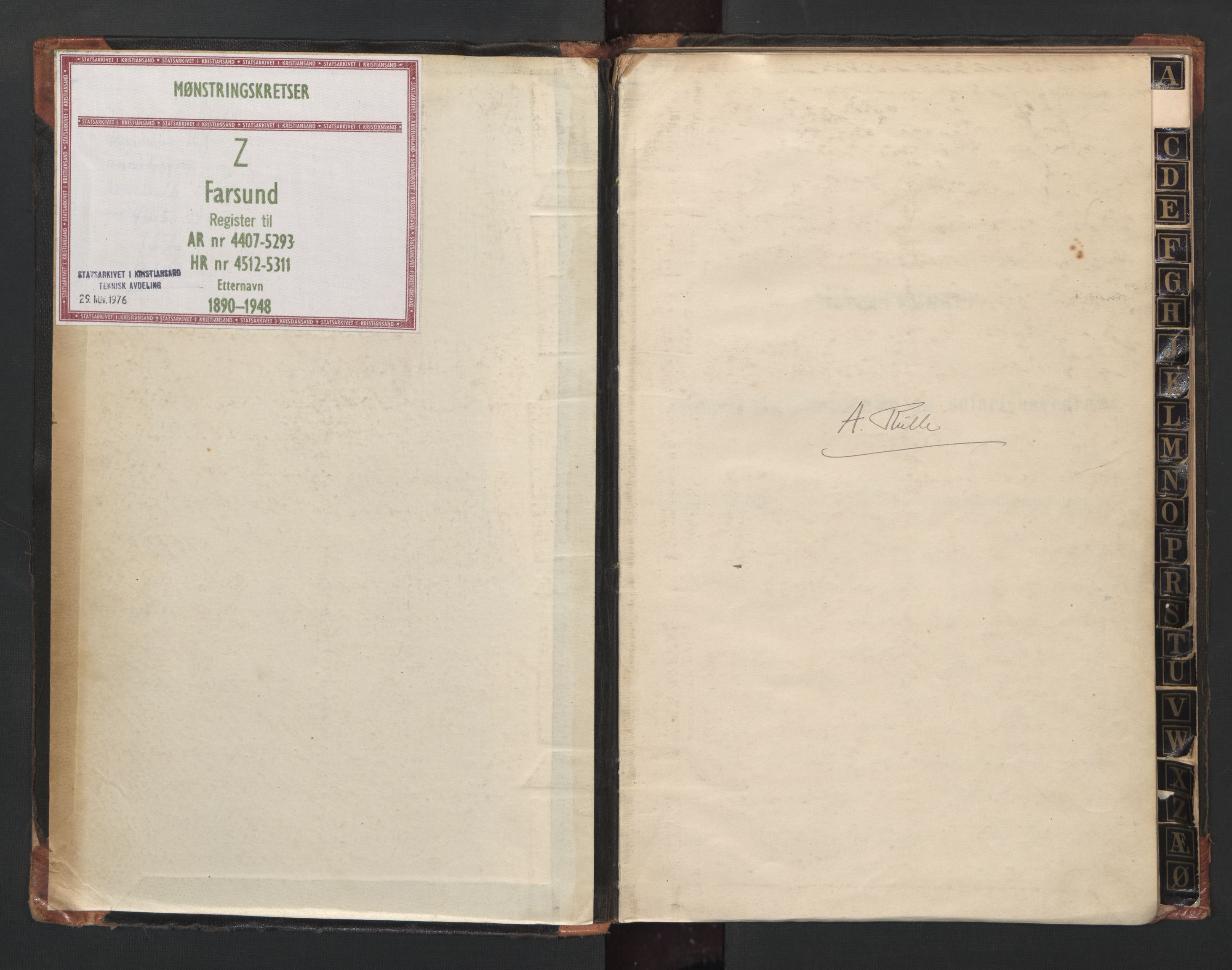 Farsund mønstringskrets, SAK/2031-0017/F/Fb/L0023: Register til annotasjonsrulle nr 4407-5293 og hovedrulle nr 4512-5311 etternavn, Z-15, 1890-1948, s. 2