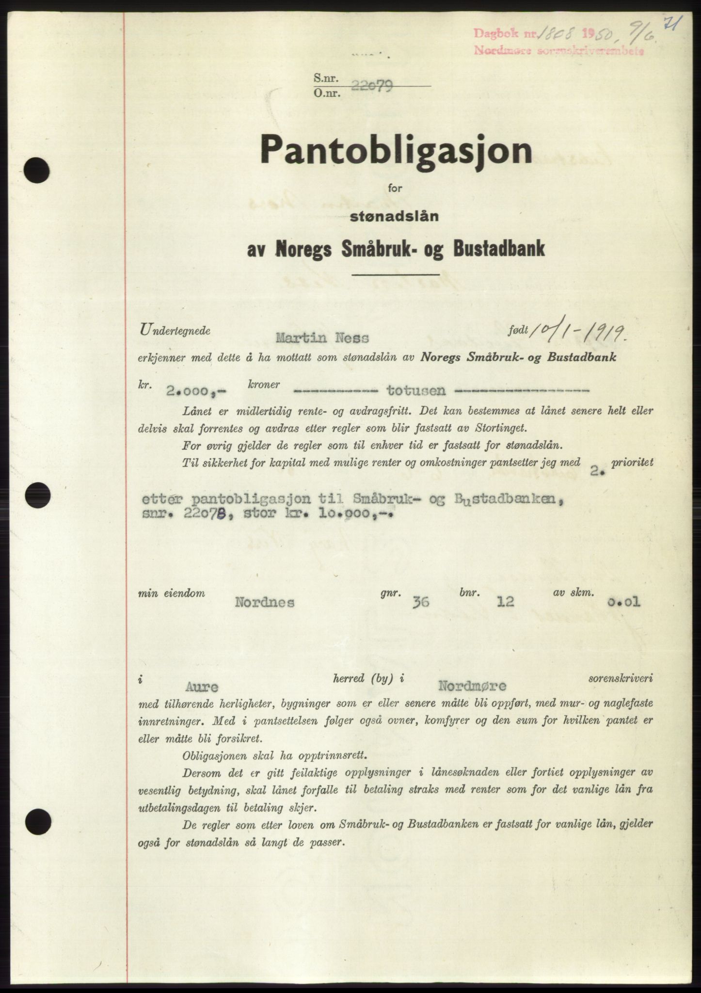 Nordmøre sorenskriveri, AV/SAT-A-4132/1/2/2Ca: Pantebok nr. B105, 1950-1950, Dagboknr: 1808/1950