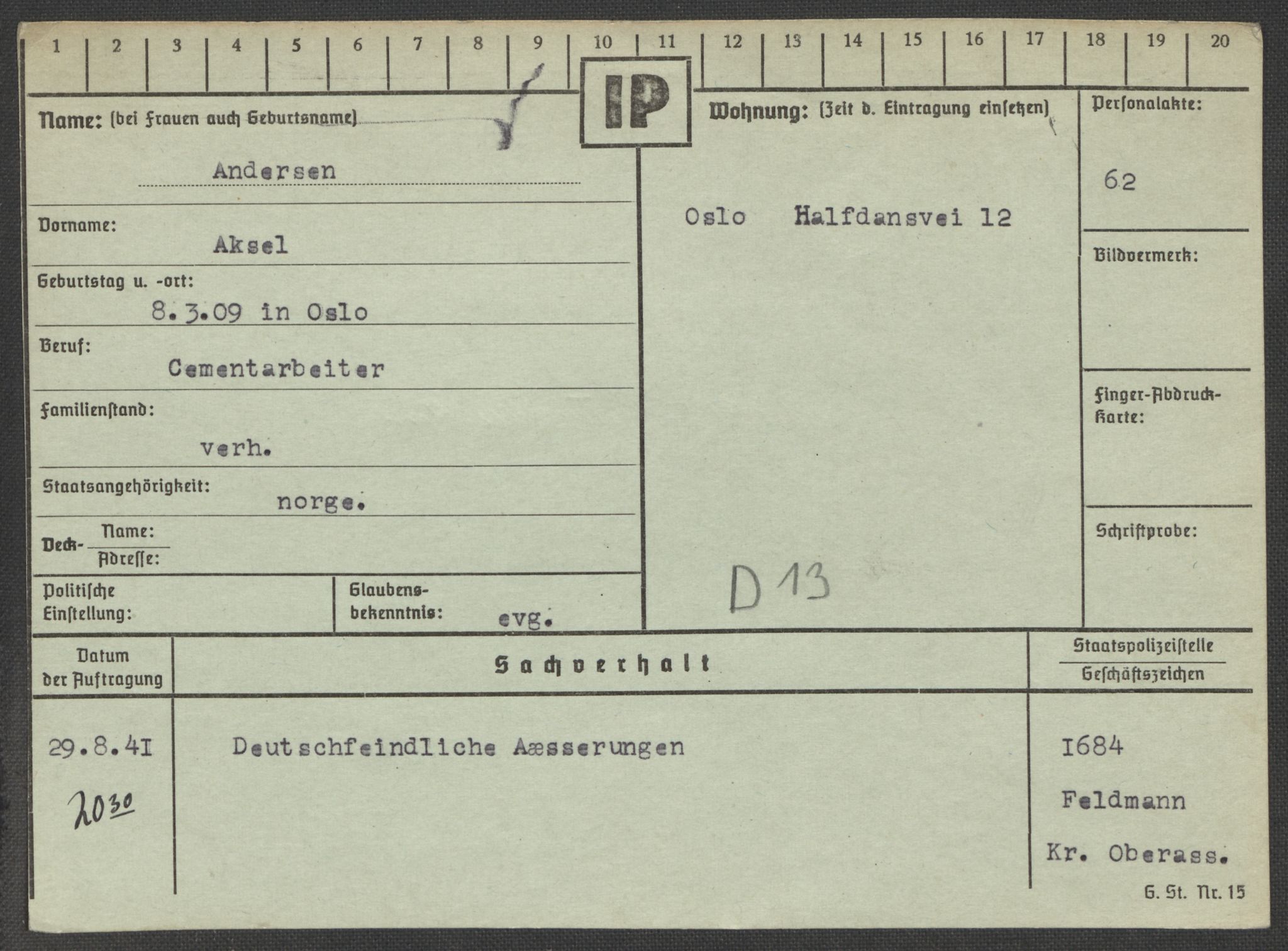 Befehlshaber der Sicherheitspolizei und des SD, RA/RAFA-5969/E/Ea/Eaa/L0001: Register over norske fanger i Møllergata 19: A-Bj, 1940-1945, s. 148