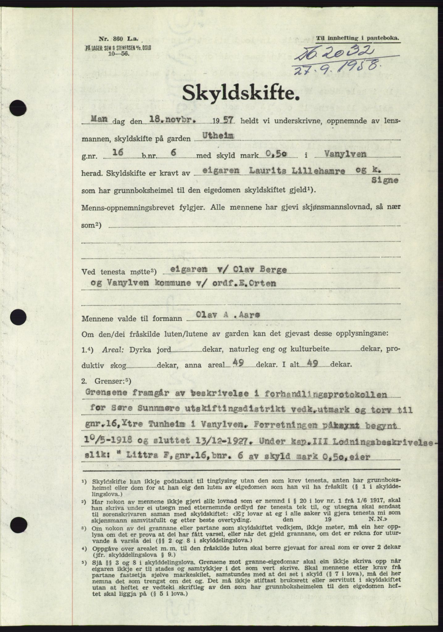 Søre Sunnmøre sorenskriveri, AV/SAT-A-4122/1/2/2C/L0110: Pantebok nr. 36A, 1958-1958, Dagboknr: 2032/1958
