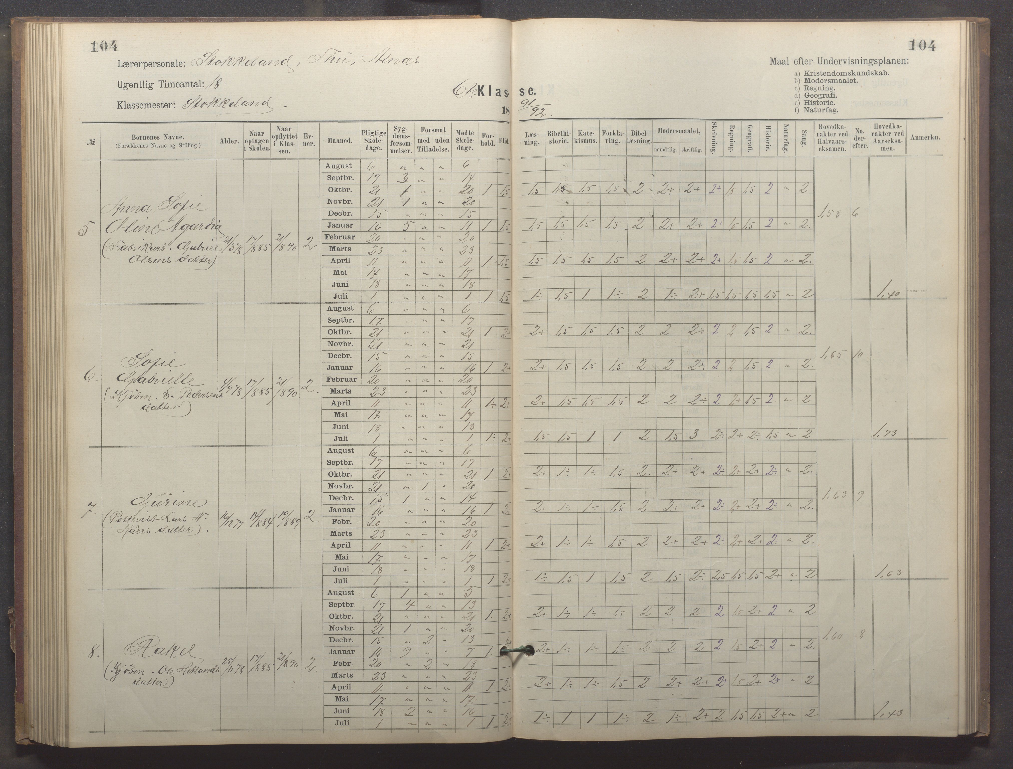 Egersund kommune (Ladested) - Egersund almueskole/folkeskole, IKAR/K-100521/H/L0023: Skoleprotokoll - Almueskolen, 6. klasse, 1886-1892, s. 104