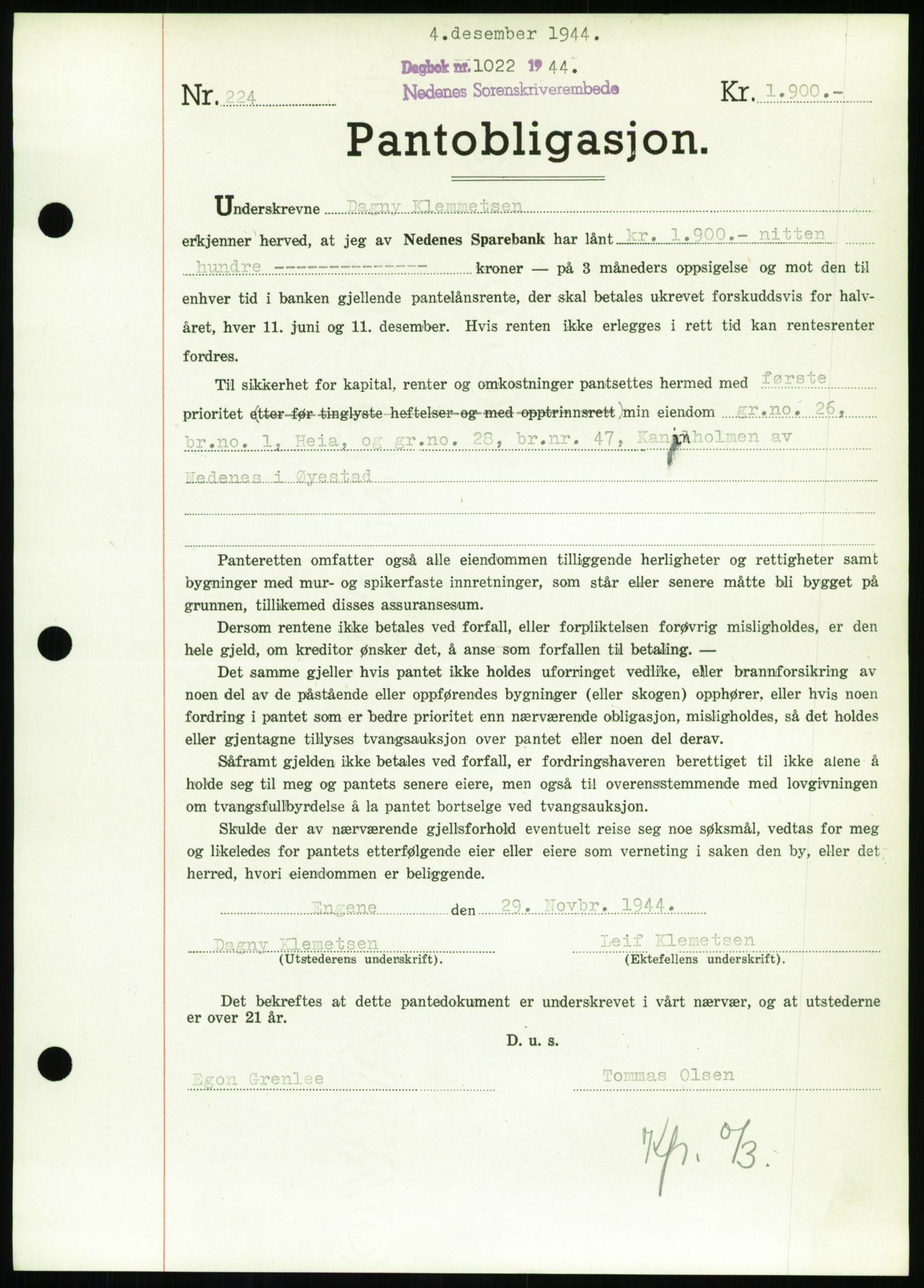 Nedenes sorenskriveri, SAK/1221-0006/G/Gb/Gbb/L0002: Pantebok nr. II, 1942-1945, Dagboknr: 1022/1944