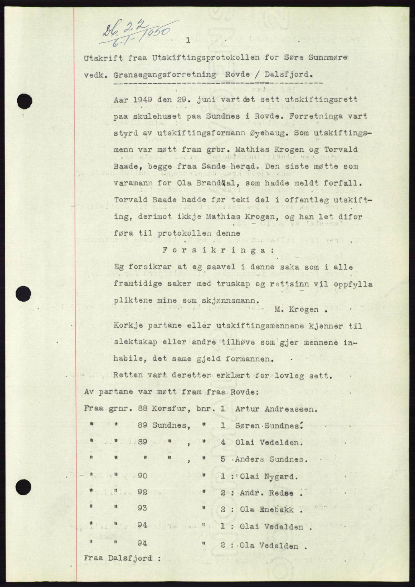 Søre Sunnmøre sorenskriveri, SAT/A-4122/1/2/2C/L0086: Pantebok nr. 12A, 1949-1950, Dagboknr: 22/1950