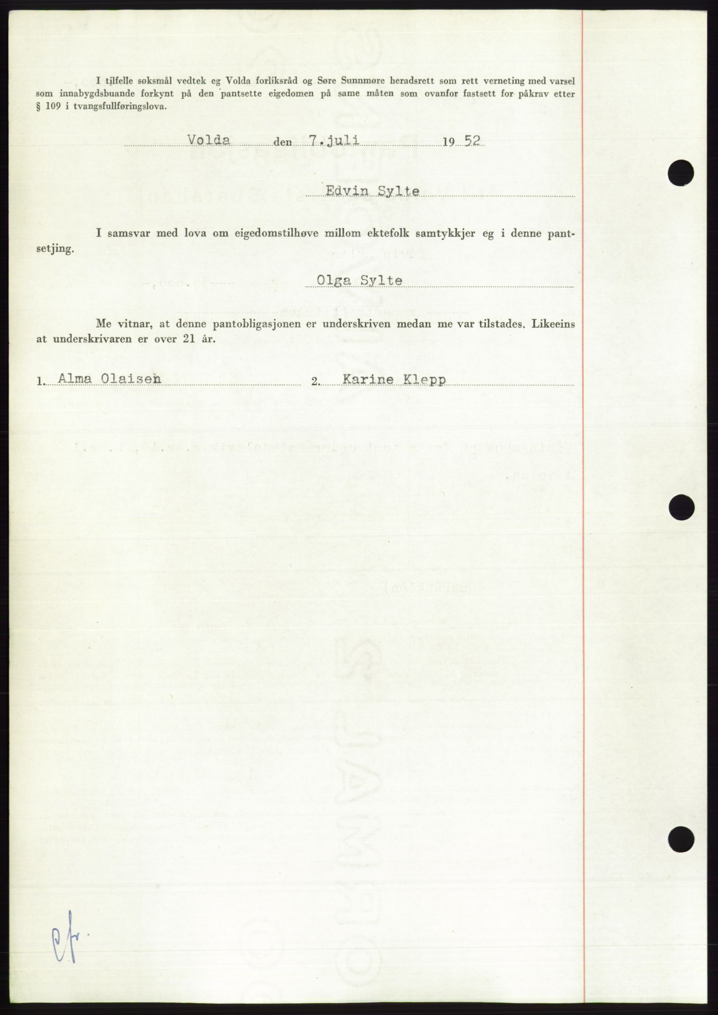 Søre Sunnmøre sorenskriveri, AV/SAT-A-4122/1/2/2C/L0121: Pantebok nr. 9B, 1951-1952, Dagboknr: 1364/1952