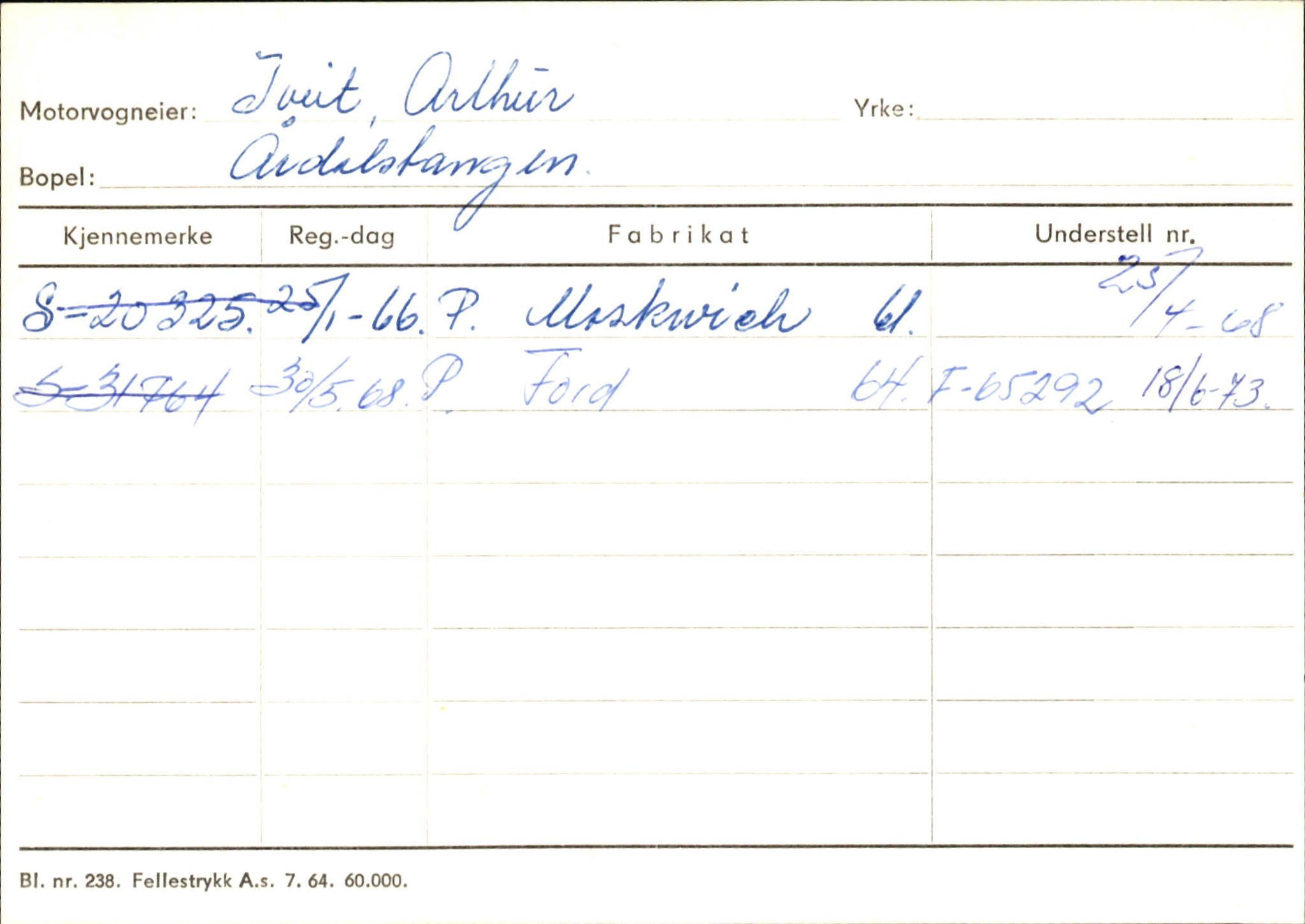 Statens vegvesen, Sogn og Fjordane vegkontor, SAB/A-5301/4/F/L0146: Registerkort Årdal R-Å samt diverse kort, 1945-1975, s. 993