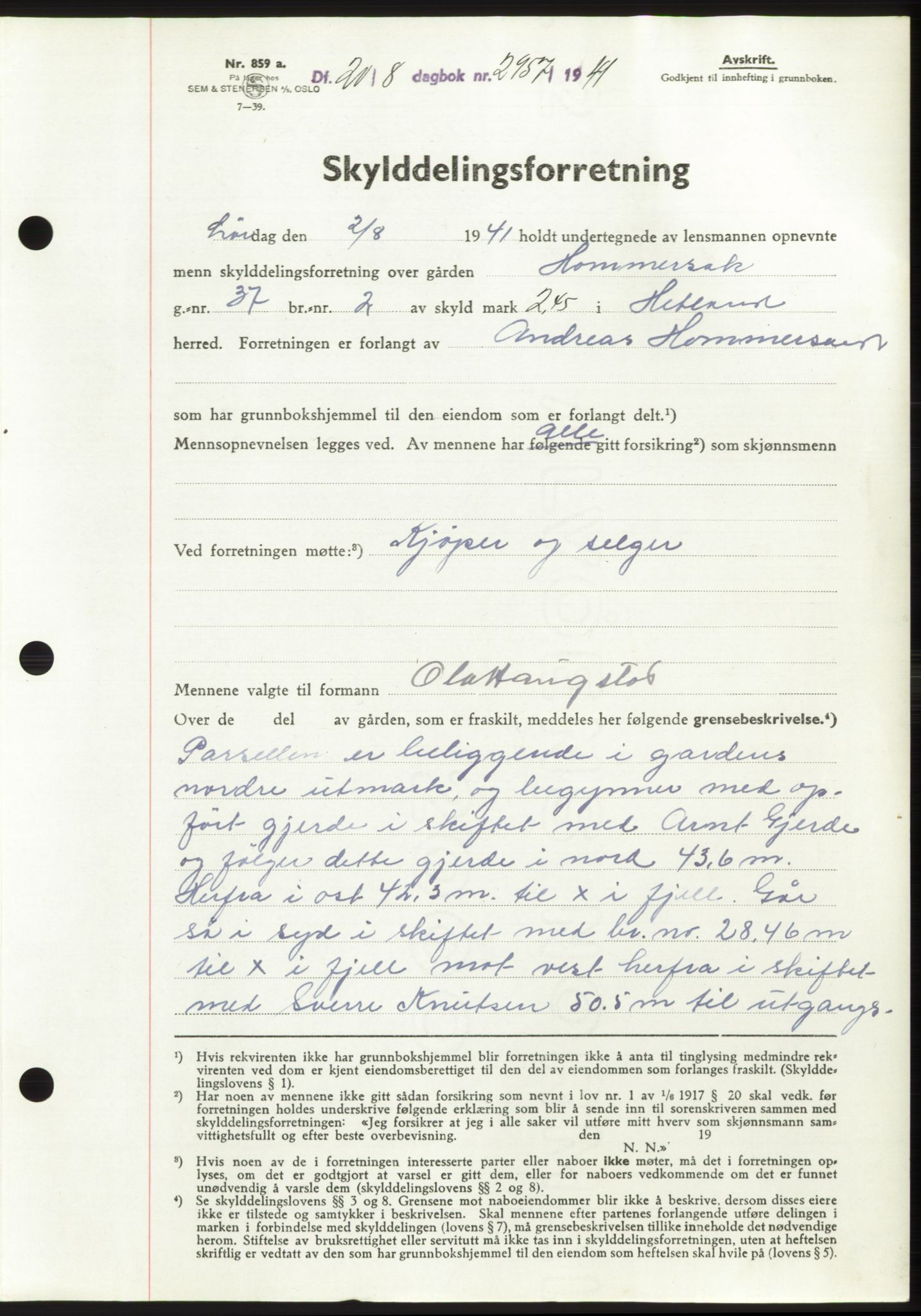 Jæren sorenskriveri, SAST/A-100310/03/G/Gba/L0080: Pantebok, 1941-1941, Dagboknr: 2957/1941